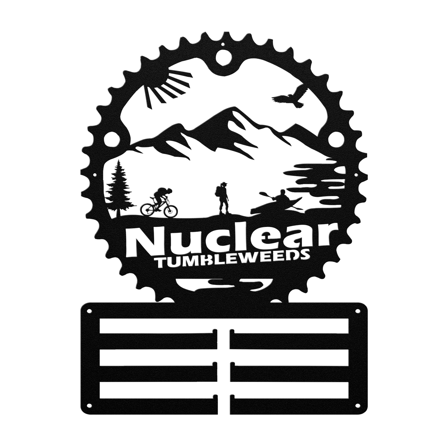 Custom Adventure Racing Chainring Medal Hanger With Female Hiker, Personalized Adventure Race Gift, Metal Adventure Wall Art, Home Decor Black
