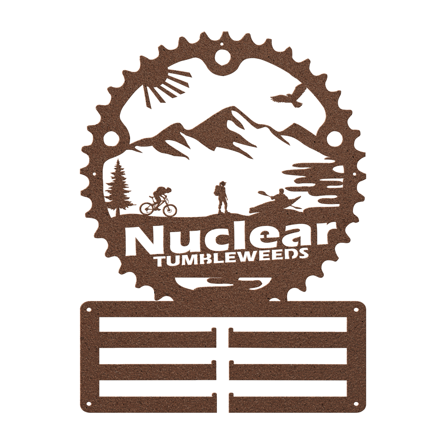 Custom Adventure Racing Chainring Medal Hanger With Female Hiker, Personalized Adventure Race Gift, Metal Adventure Wall Art, Home Decor Copper