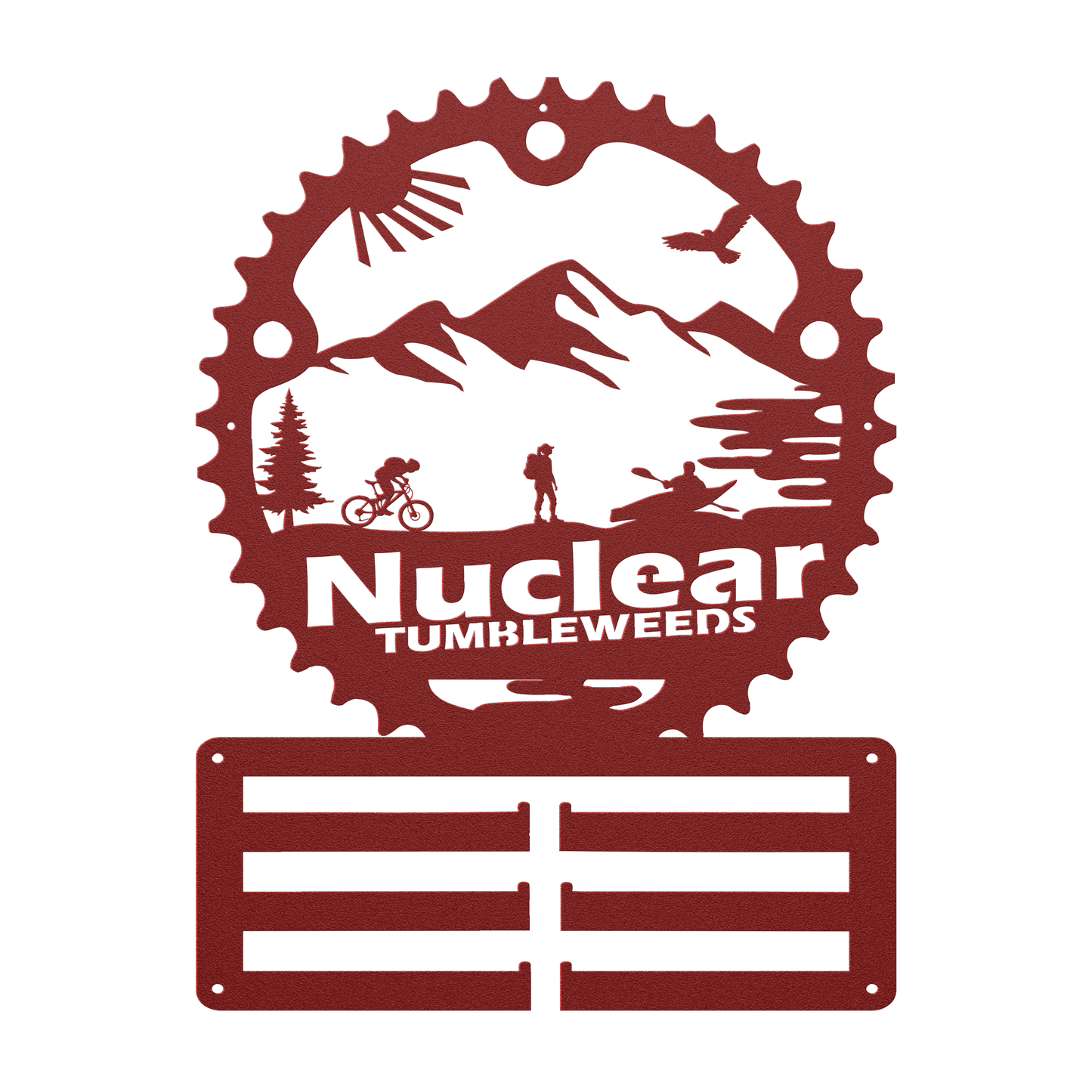 Custom Adventure Racing Chainring Medal Hanger With Female Hiker, Personalized Adventure Race Gift, Metal Adventure Wall Art, Home Decor Red
