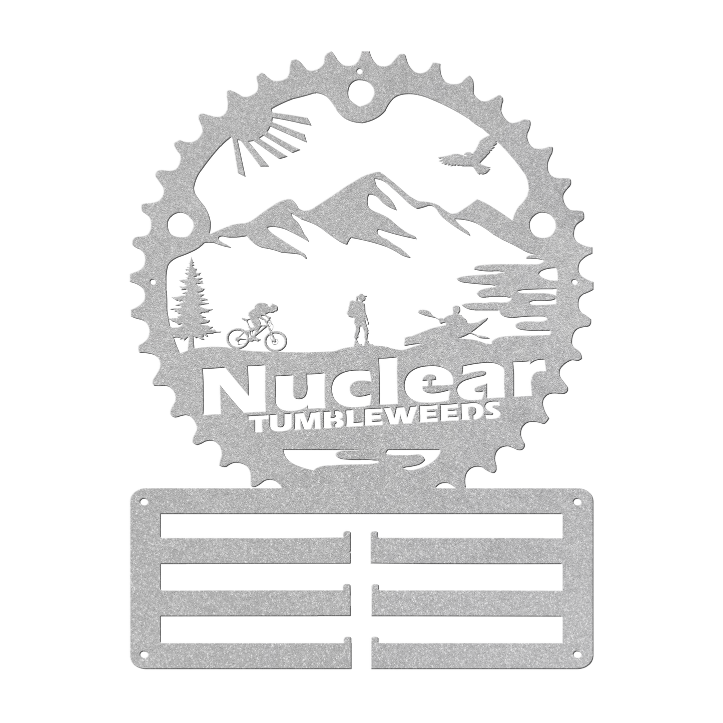 Custom Adventure Racing Chainring Medal Hanger With Female Hiker, Personalized Adventure Race Gift, Metal Adventure Wall Art, Home Decor Silver
