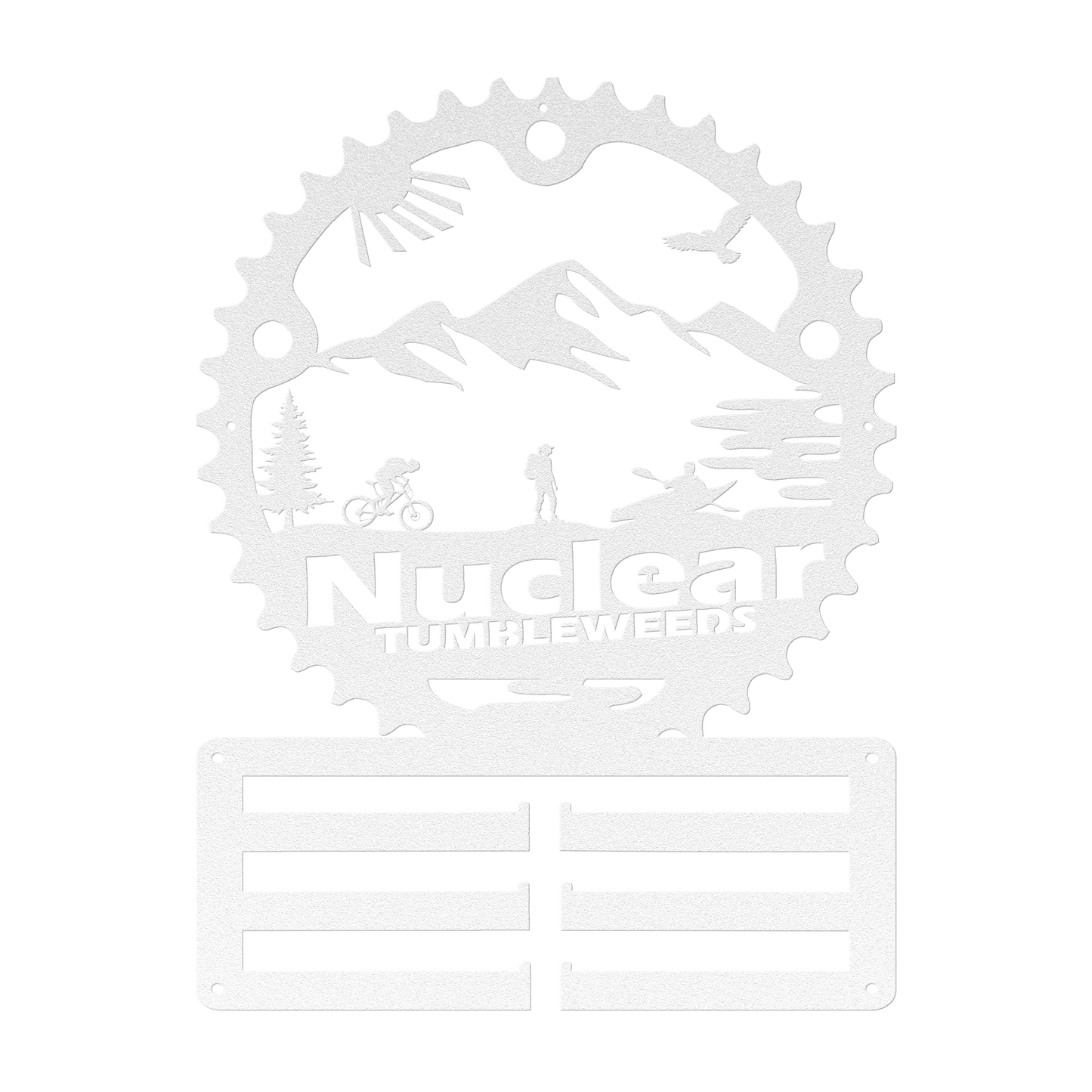 Custom Adventure Racing Chainring Medal Hanger With Female Hiker, Personalized Adventure Race Gift, Metal Adventure Wall Art, Home Decor White