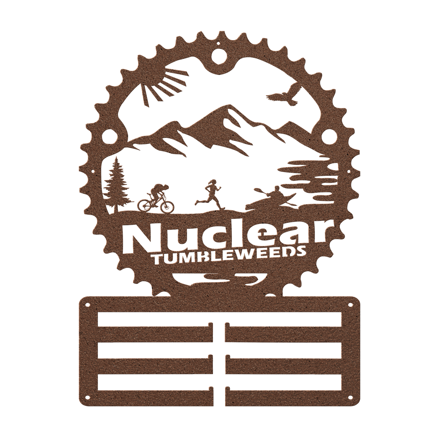 Custom Adventure Racing Chainring Medal Hanger With Female Runner, Personalized Adventure Race Gift, Metal Adventure Wall Art, Home Decor Copper