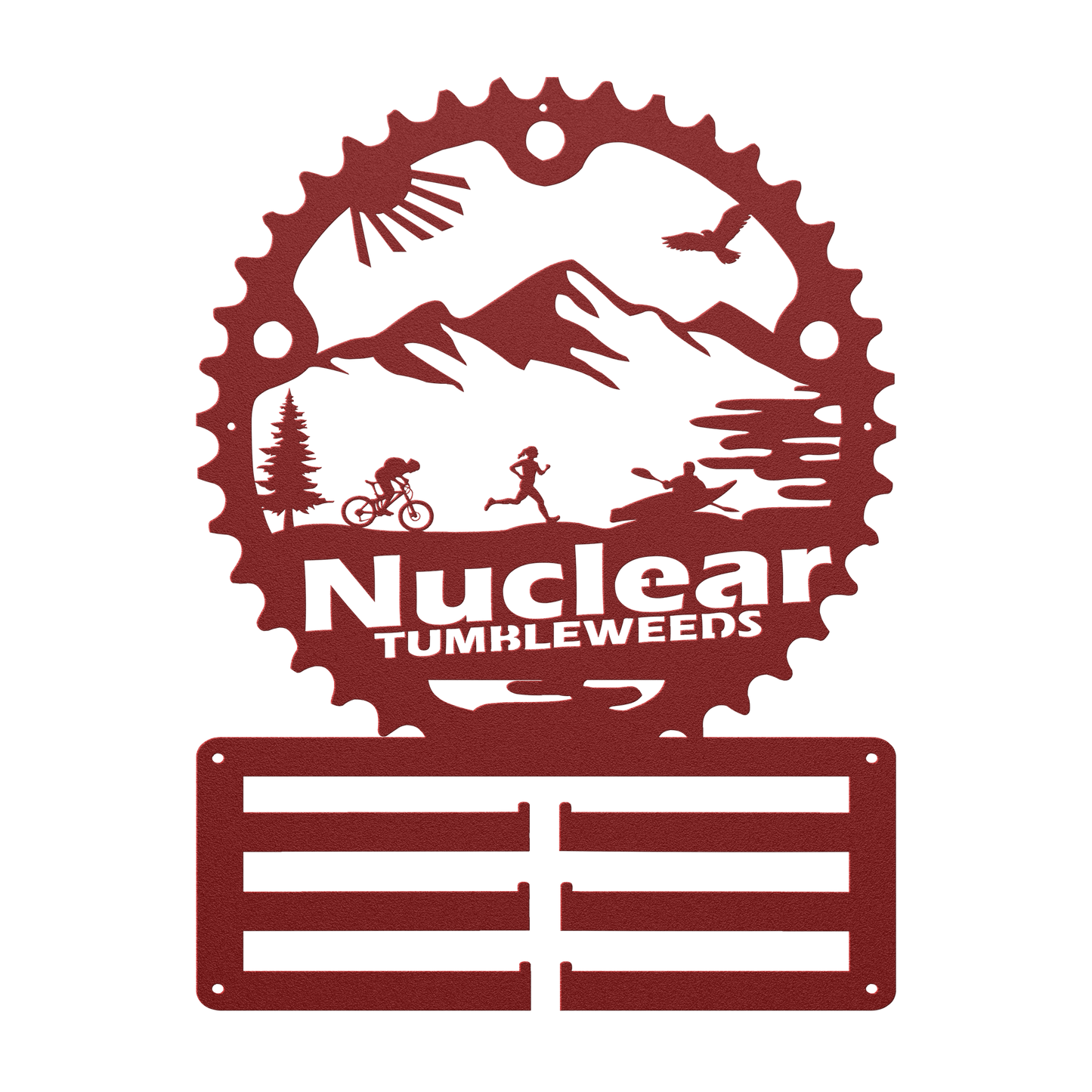 Custom Adventure Racing Chainring Medal Hanger With Female Runner, Personalized Adventure Race Gift, Metal Adventure Wall Art, Home Decor Red