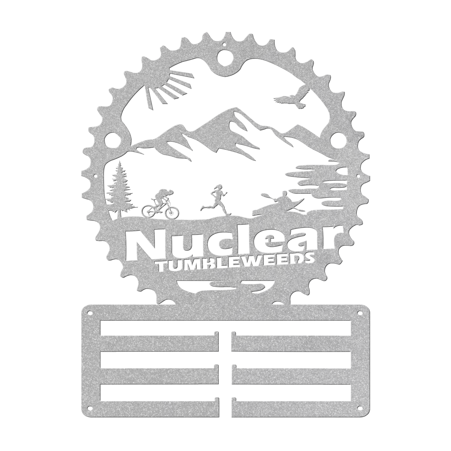 Custom Adventure Racing Chainring Medal Hanger With Female Runner, Personalized Adventure Race Gift, Metal Adventure Wall Art, Home Decor Silver