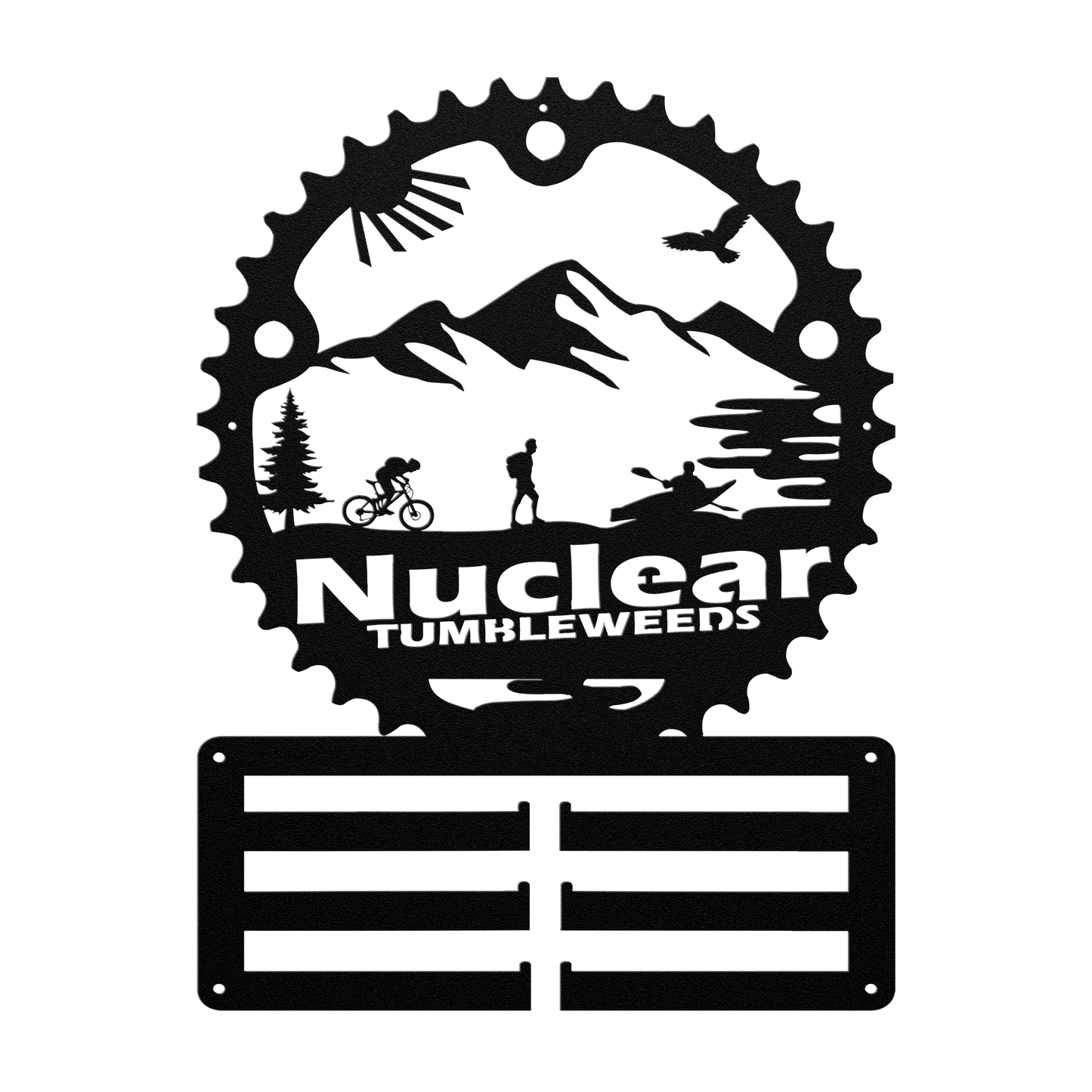 Custom Adventure Racing Chainring Medal Hanger With Male Hiker, Personalized Adventure Race Gift, Metal Adventure Wall Art, Home Decor Black