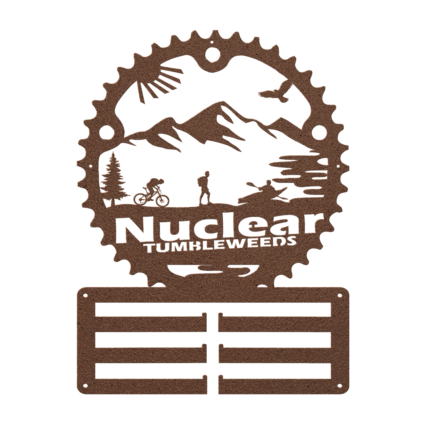 Custom Adventure Racing Chainring Medal Hanger With Male Hiker, Personalized Adventure Race Gift, Metal Adventure Wall Art, Home Decor Copper