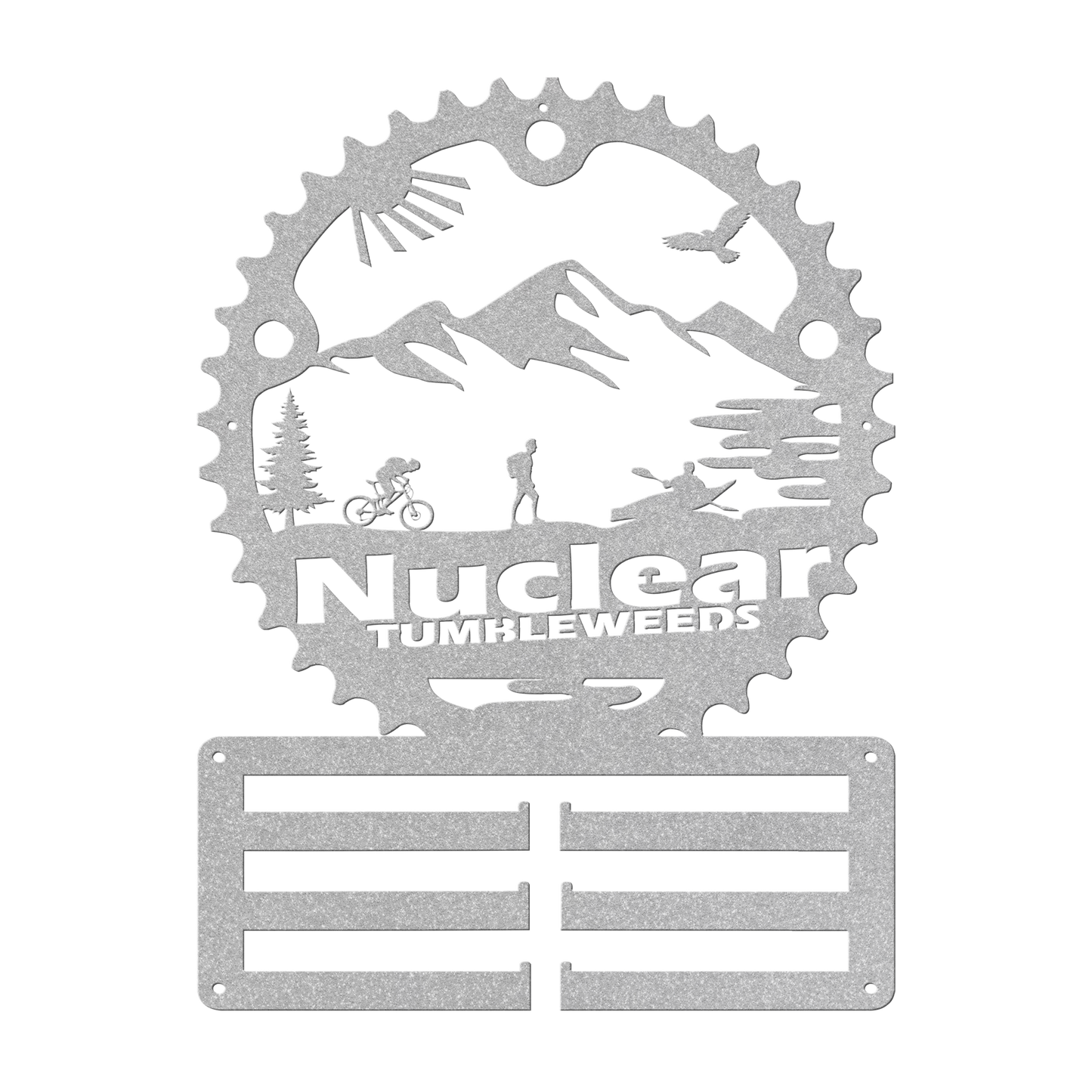 Custom Adventure Racing Chainring Medal Hanger With Male Hiker, Personalized Adventure Race Gift, Metal Adventure Wall Art, Home Decor Silver