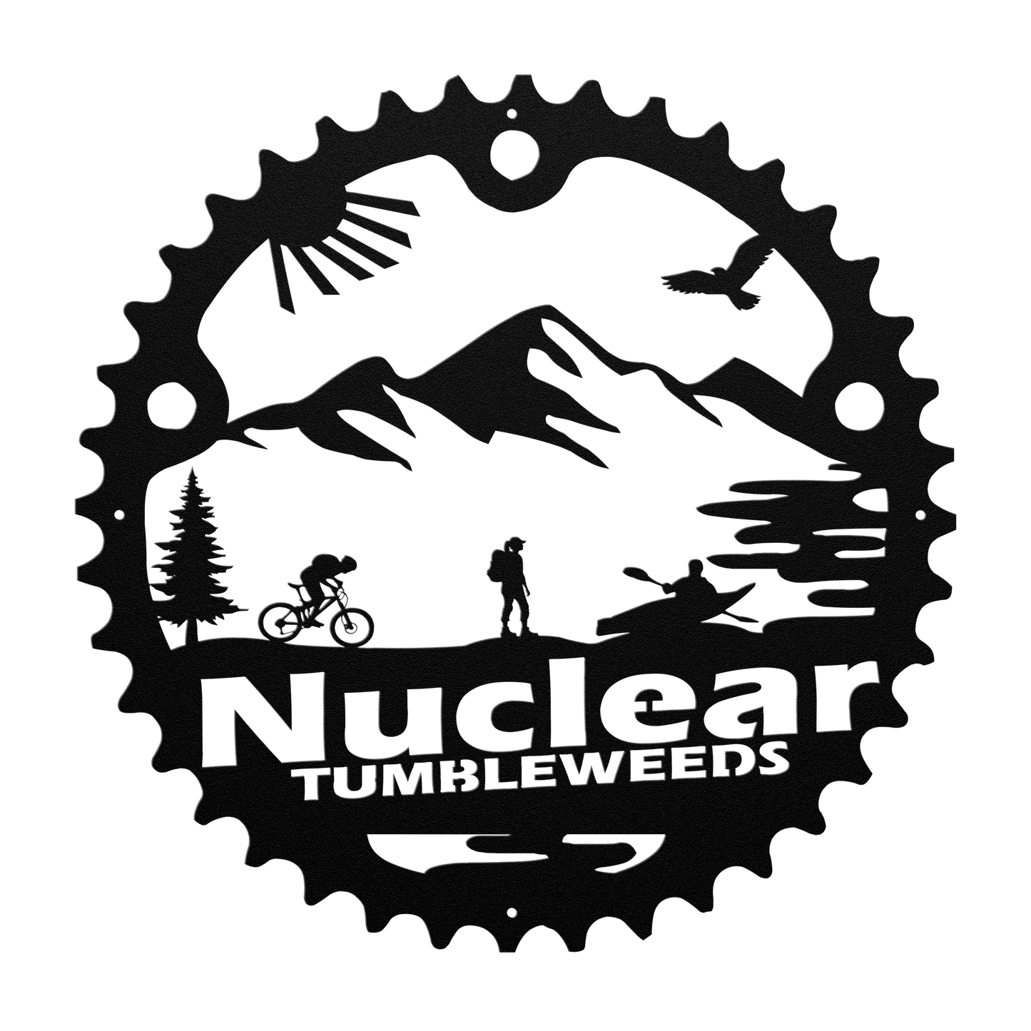 Custom Adventure Racing Chainring Metal Sign With Female Hiker, Personalized Adventure Race Gift, Metal Adventure Wall Art, Home Decor Black