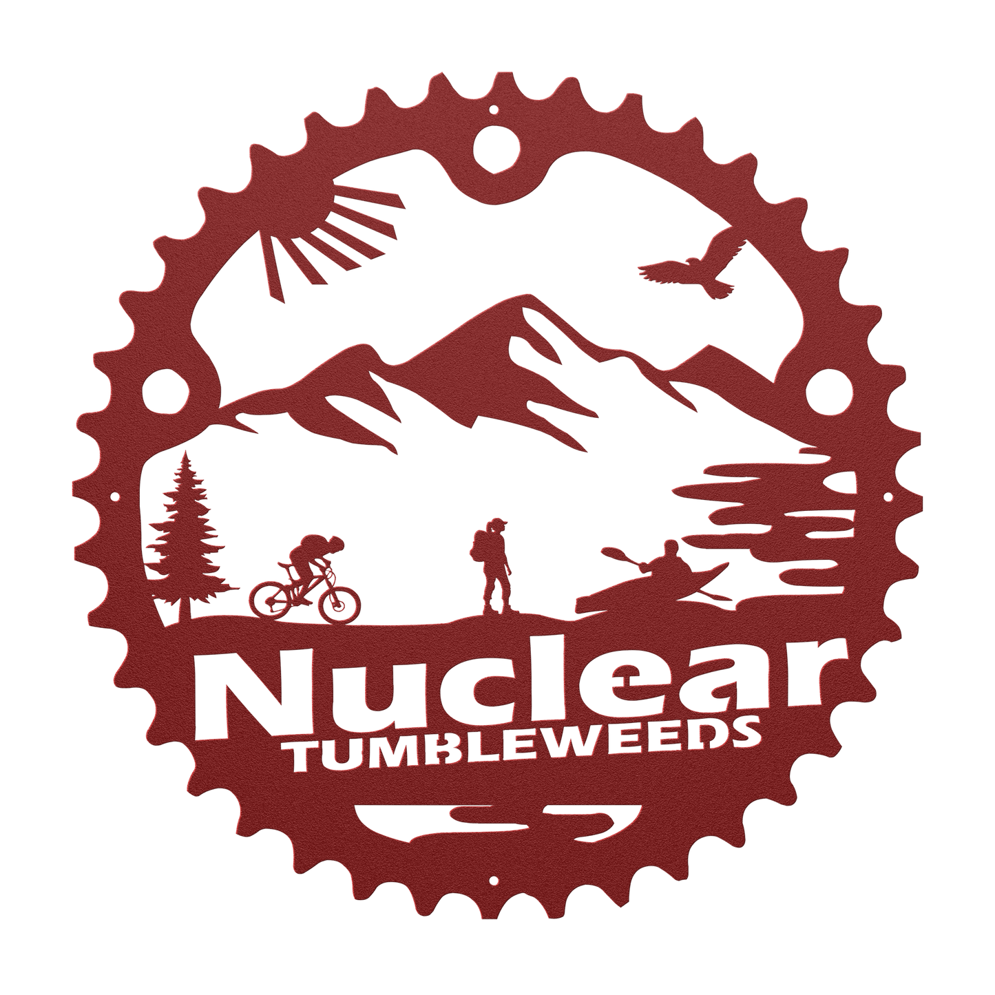 Custom Adventure Racing Chainring Metal Sign With Female Hiker, Personalized Adventure Race Gift, Metal Adventure Wall Art, Home Decor Red