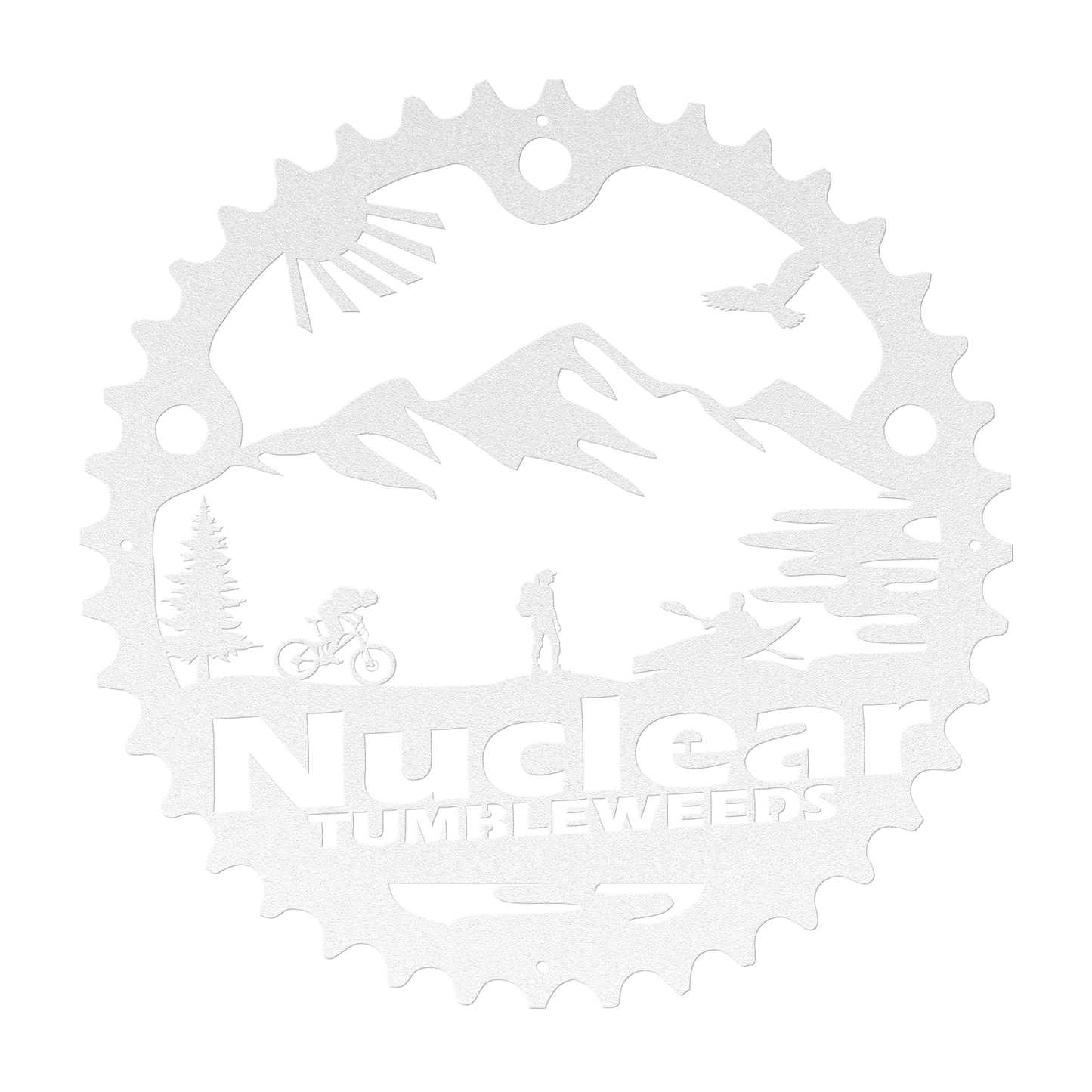Custom Adventure Racing Chainring Metal Sign With Female Hiker, Personalized Adventure Race Gift, Metal Adventure Wall Art, Home Decor White