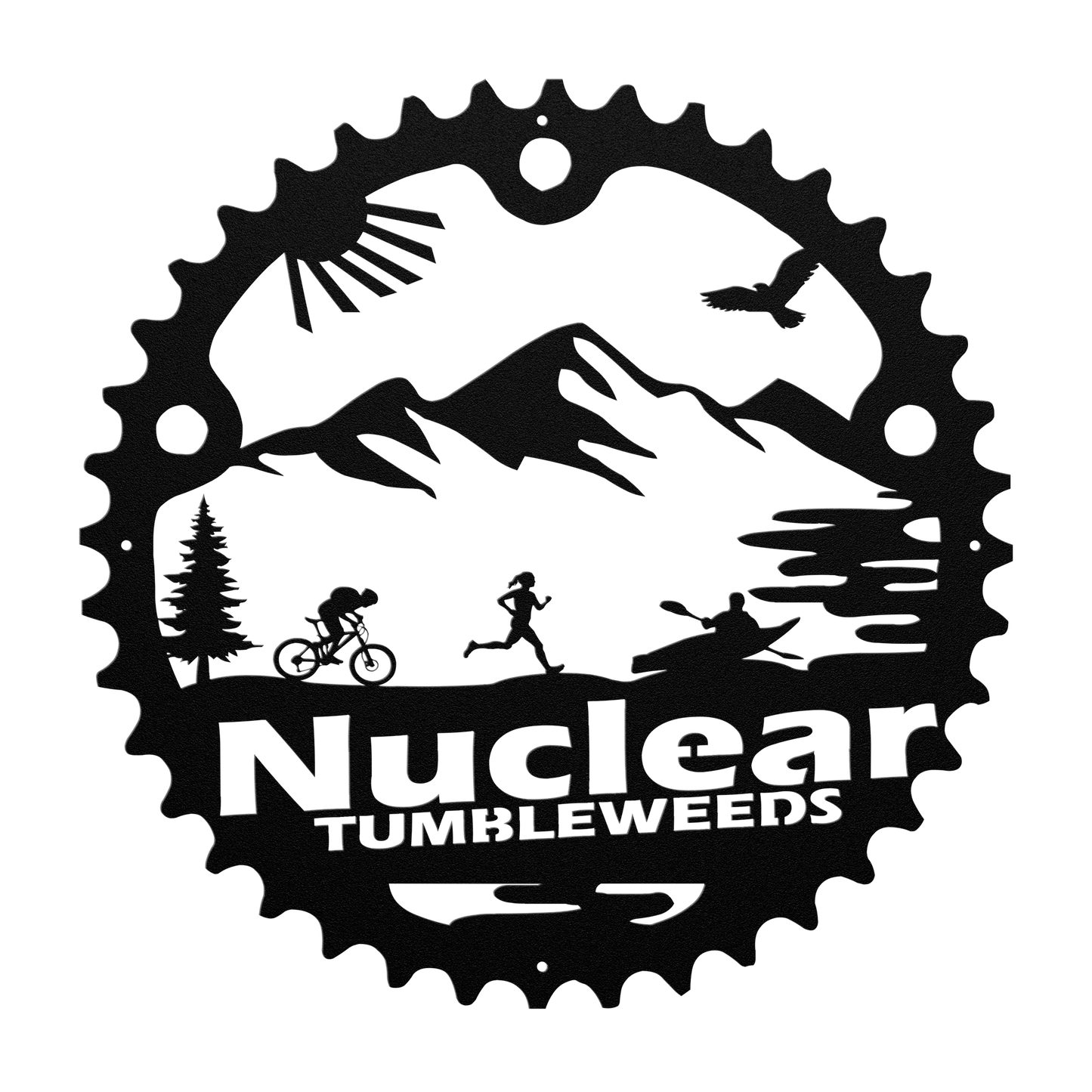 Custom Adventure Racing Chainring Metal Sign With Female Runner, Personalized Adventure Race Gift, Metal Adventure Wall Art, Home Decor Black