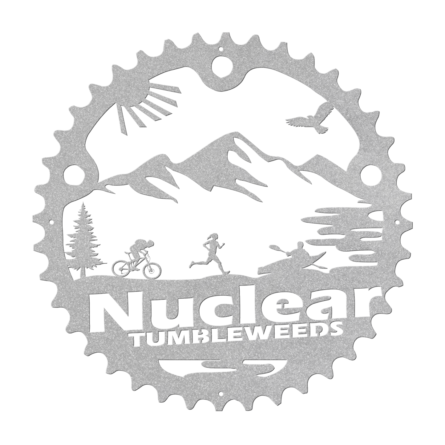 Custom Adventure Racing Chainring Metal Sign With Female Runner, Personalized Adventure Race Gift, Metal Adventure Wall Art, Home Decor Silver