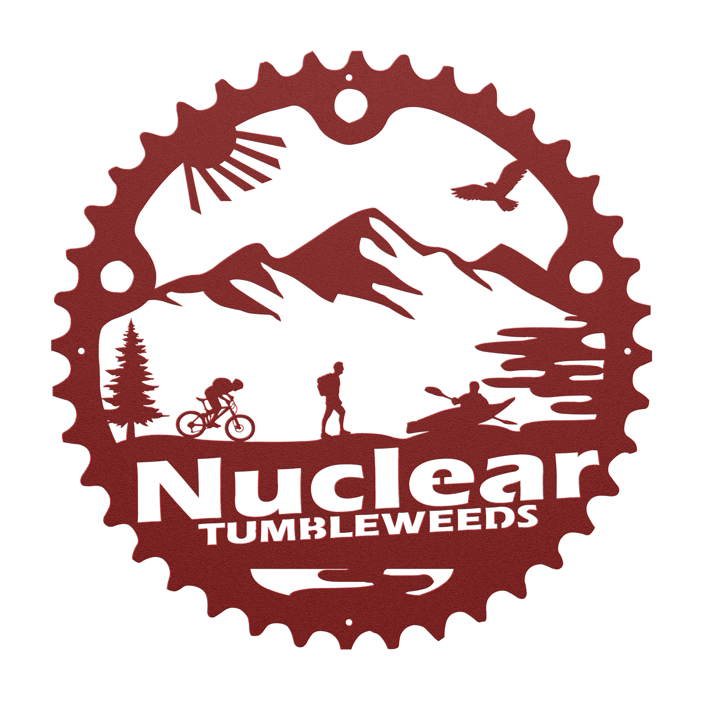 Custom Adventure Racing Chainring Metal Sign With Male Hiker, Personalized Adventure Race Gift, Metal Adventure Wall Art, Home Decor Red