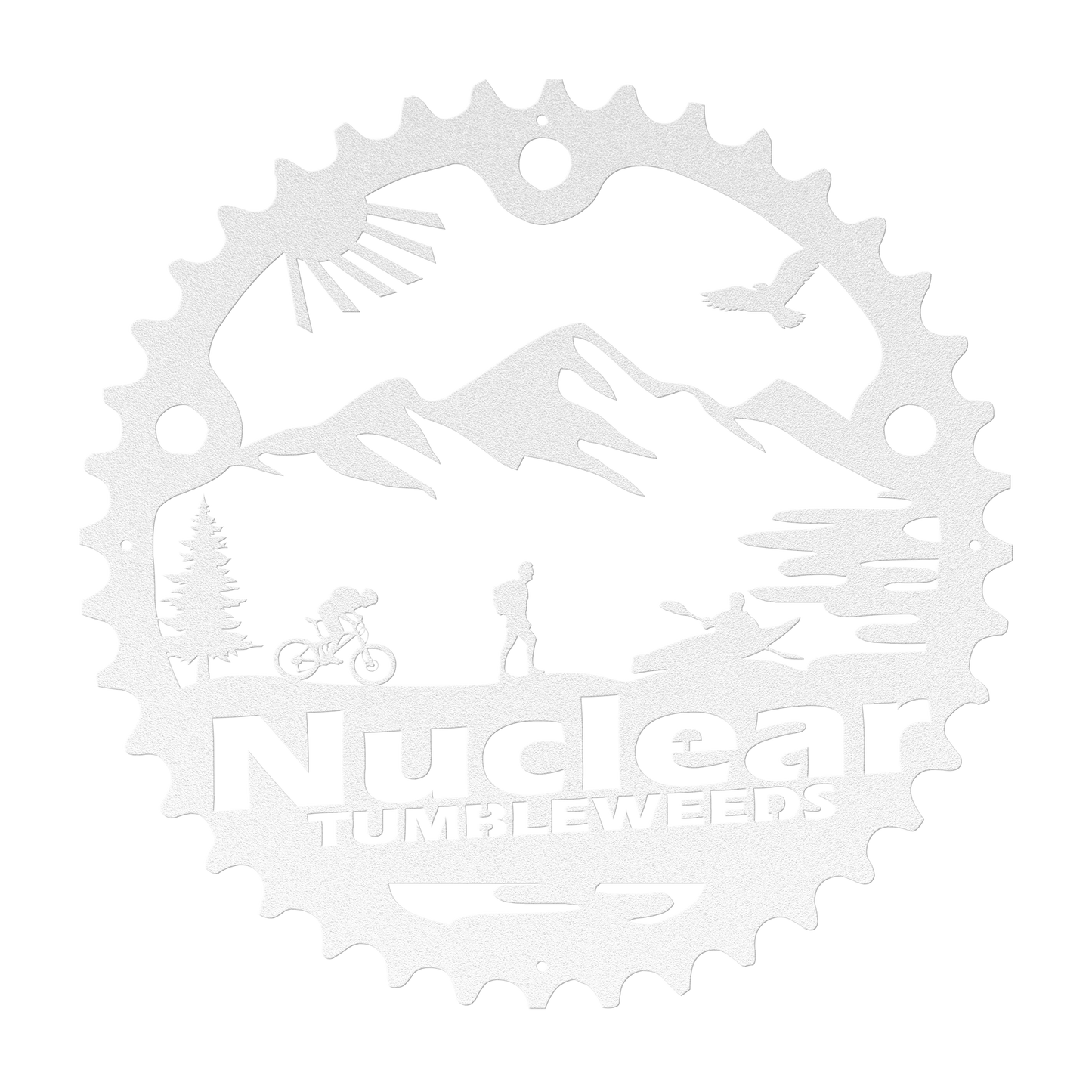 Custom Adventure Racing Chainring Metal Sign With Male Hiker, Personalized Adventure Race Gift, Metal Adventure Wall Art, Home Decor White