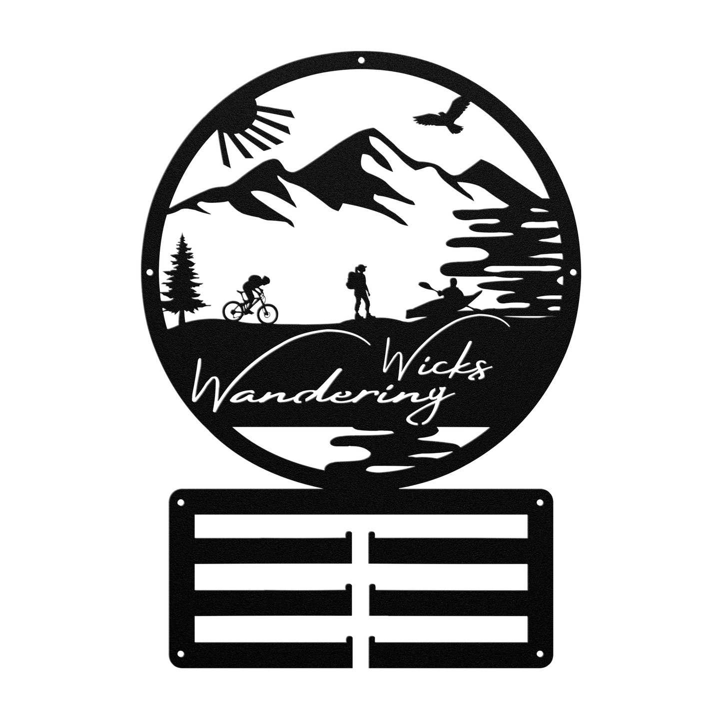 Custom Adventure Racing Medal Hanger With Female Hiker, Personalized Adventure Race Gift, Metal Adventure Wall Art, Home Decor Black