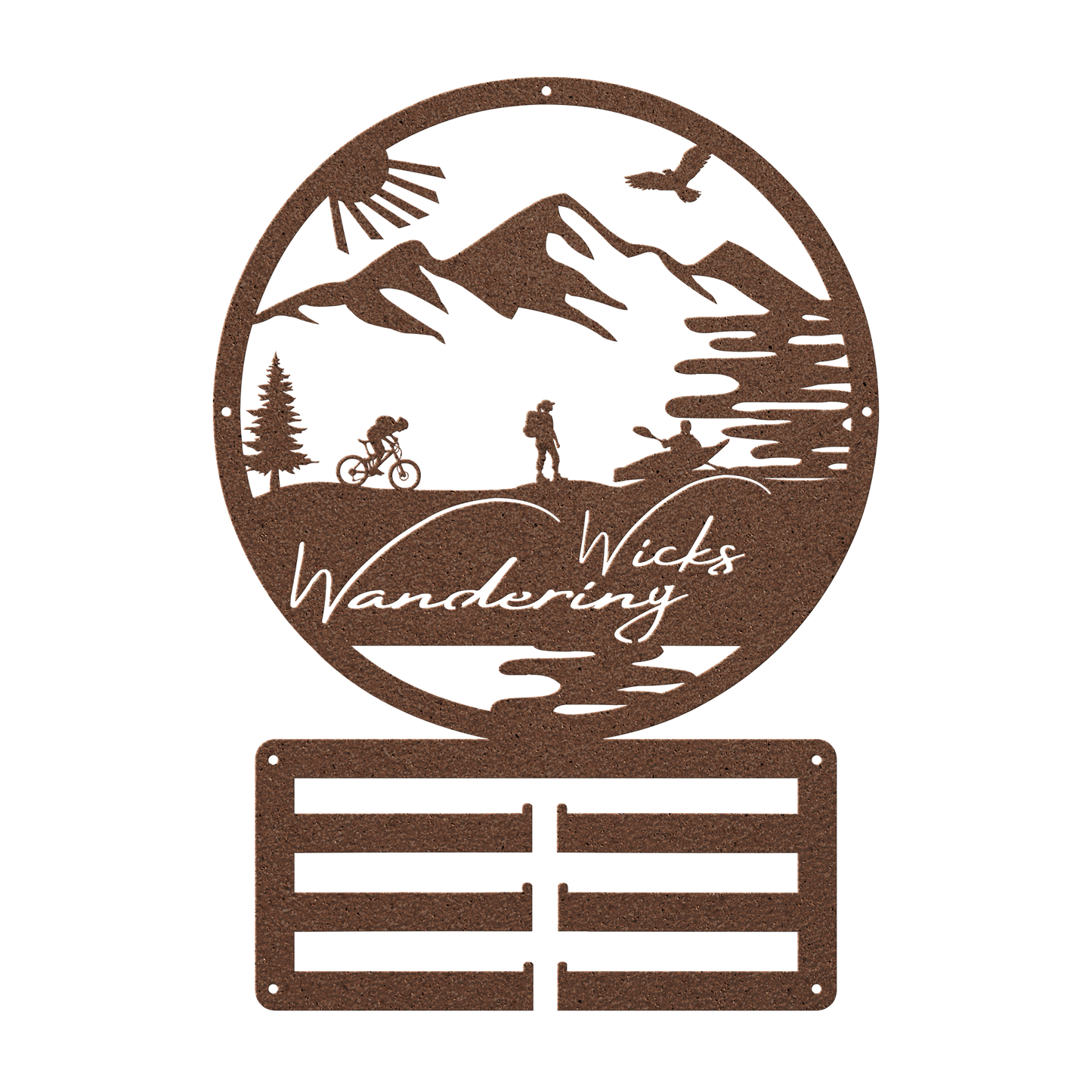 Custom Adventure Racing Medal Hanger With Female Hiker, Personalized Adventure Race Gift, Metal Adventure Wall Art, Home Decor Copper