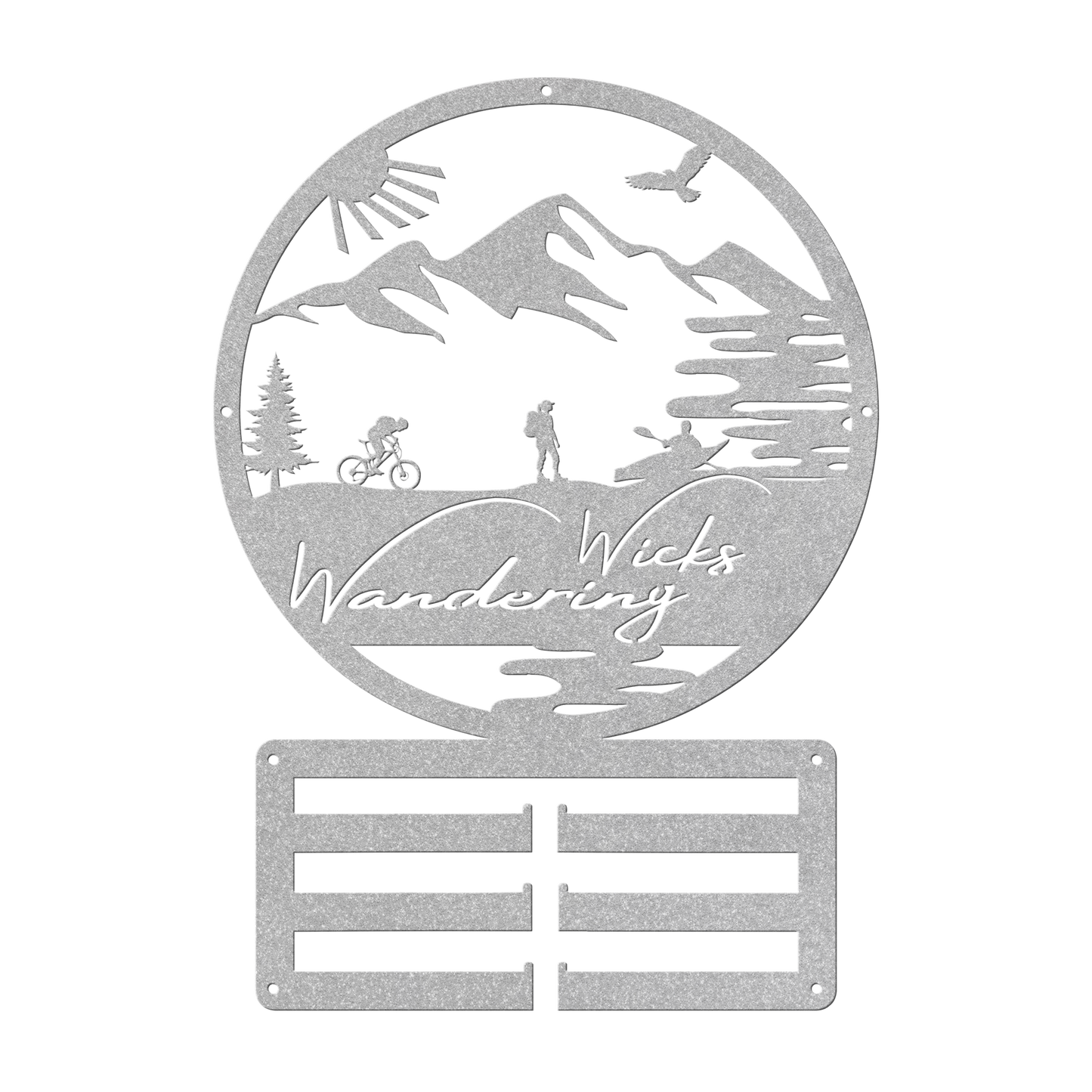 Custom Adventure Racing Medal Hanger With Female Hiker, Personalized Adventure Race Gift, Metal Adventure Wall Art, Home Decor Silver
