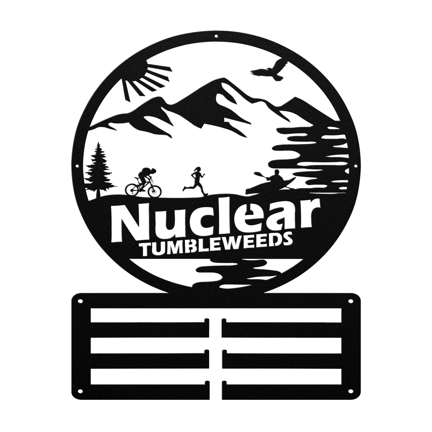 Custom Adventure Racing Medal Hanger With Female Runner, Personalized Adventure Race Gift, Metal Adventure Wall Art, Home Decor Black
