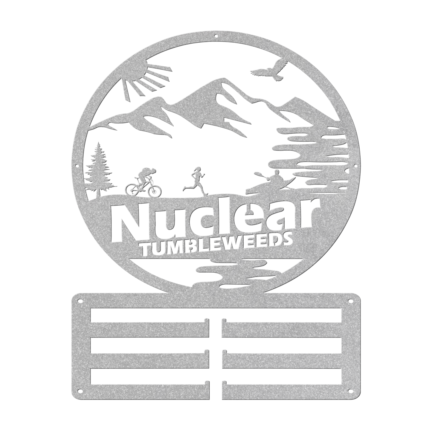 Custom Adventure Racing Medal Hanger With Female Runner, Personalized Adventure Race Gift, Metal Adventure Wall Art, Home Decor Silver