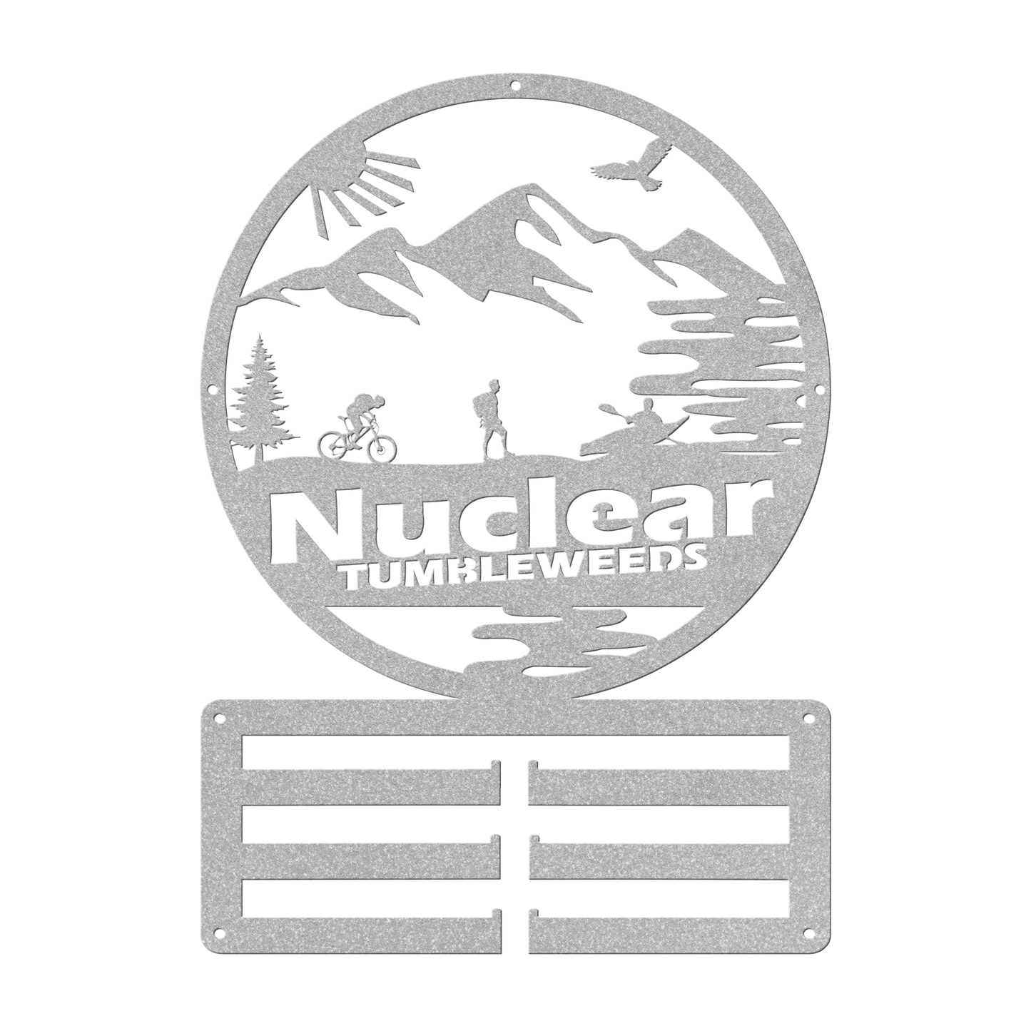 Custom Adventure Racing Medal Hanger With Male Hiker, Personalized Adventure Race Gift, Metal Adventure Wall Art, Home Decor Silver