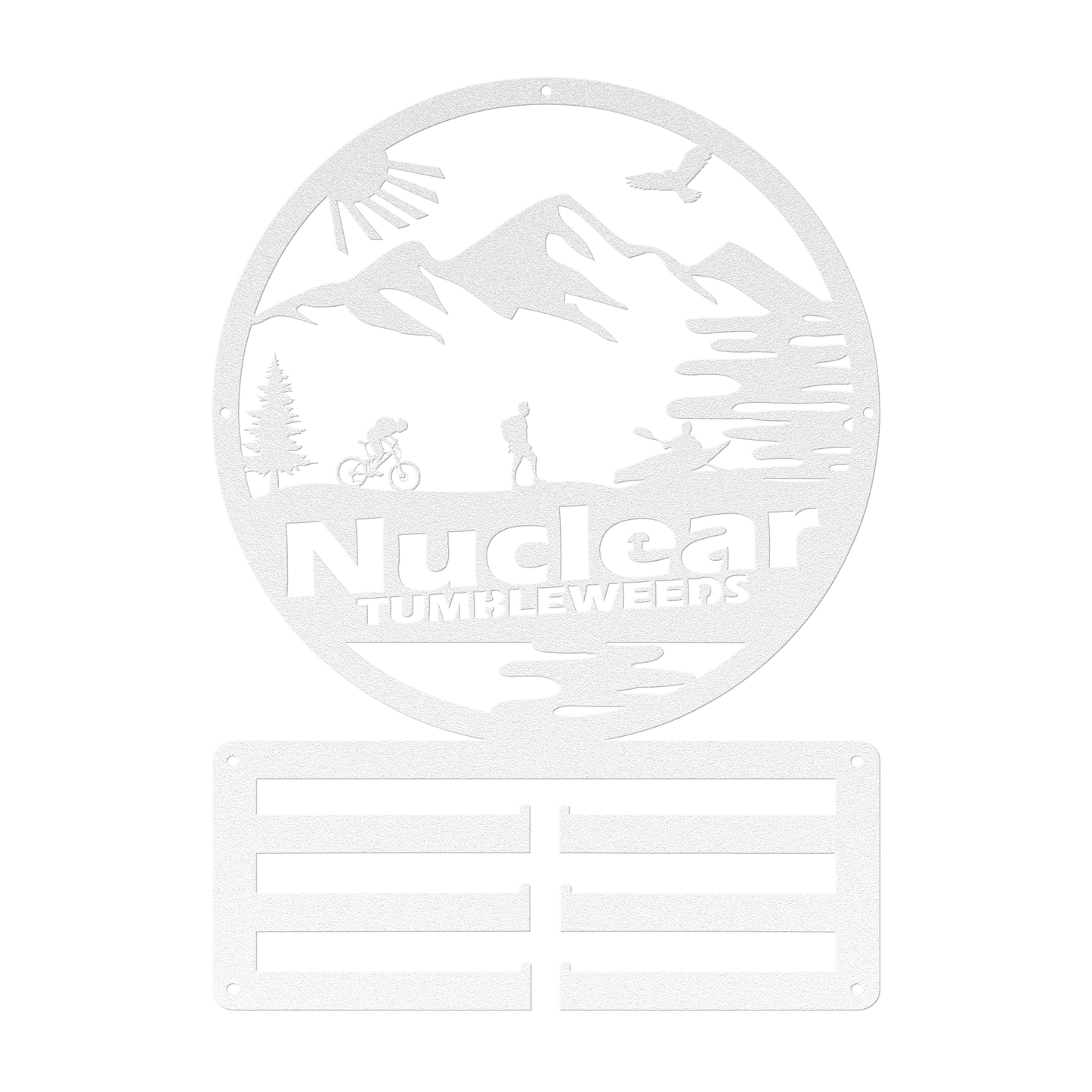 Custom Adventure Racing Medal Hanger With Male Hiker, Personalized Adventure Race Gift, Metal Adventure Wall Art, Home Decor White
