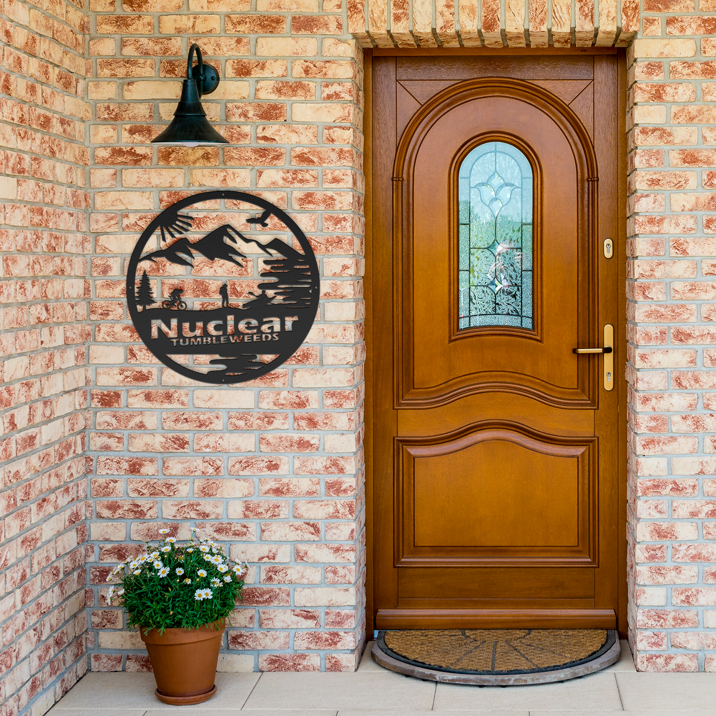 Custom_Adventure_Racing_Metal_Sign_With__Black_Brick_Entrance_Mockup.png