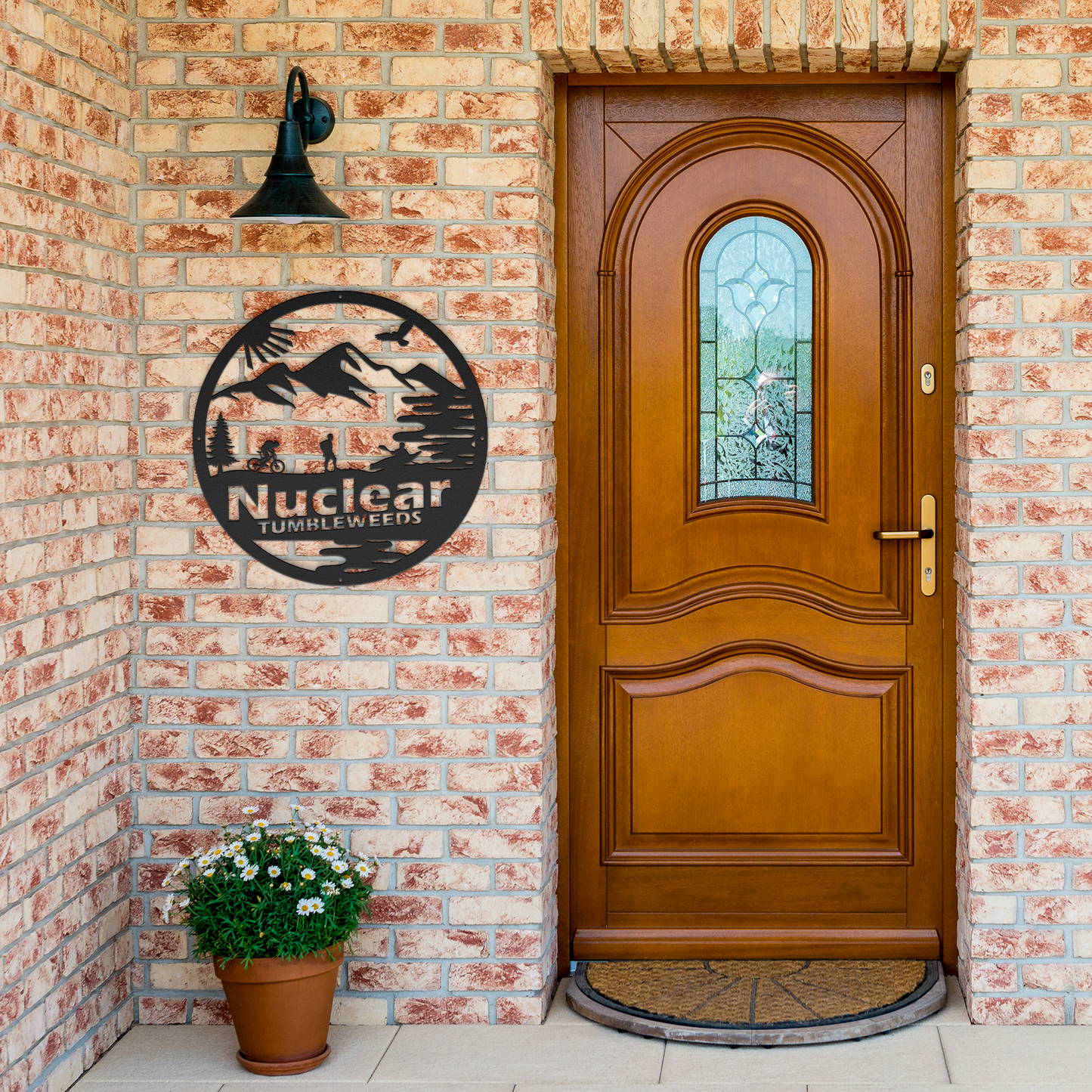 Custom_Adventure_Racing_Metal_Sign_With__Black_Brick_Entrance_Mockup.png