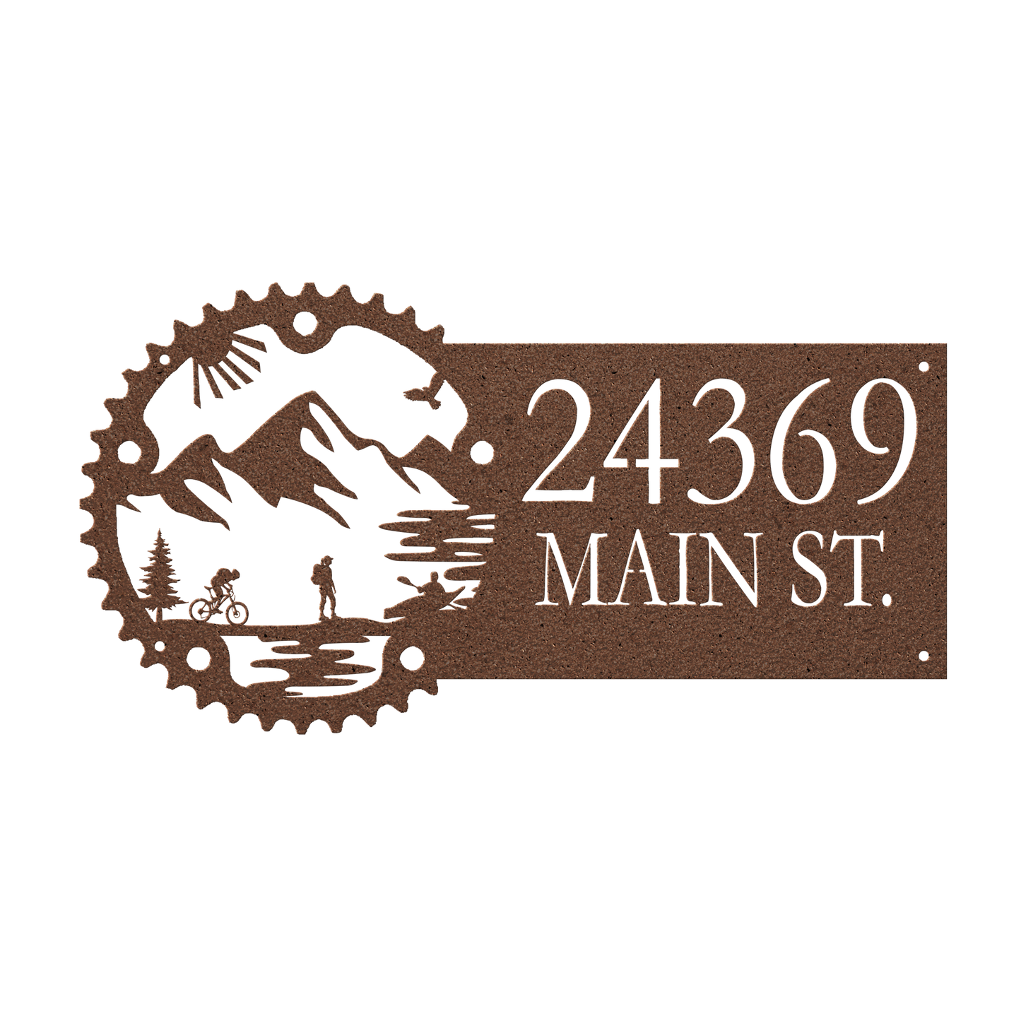 Metal House Number Address Sign| Adventure Racing Themed Chainring| Female Hiker Copper