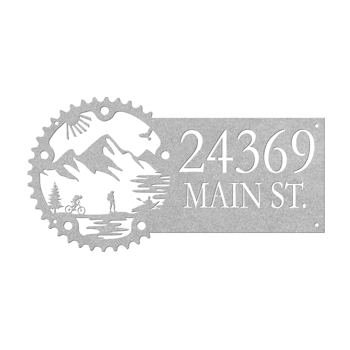Metal House Number Address Sign| Adventure Racing Themed Chainring| Female Hiker Silver