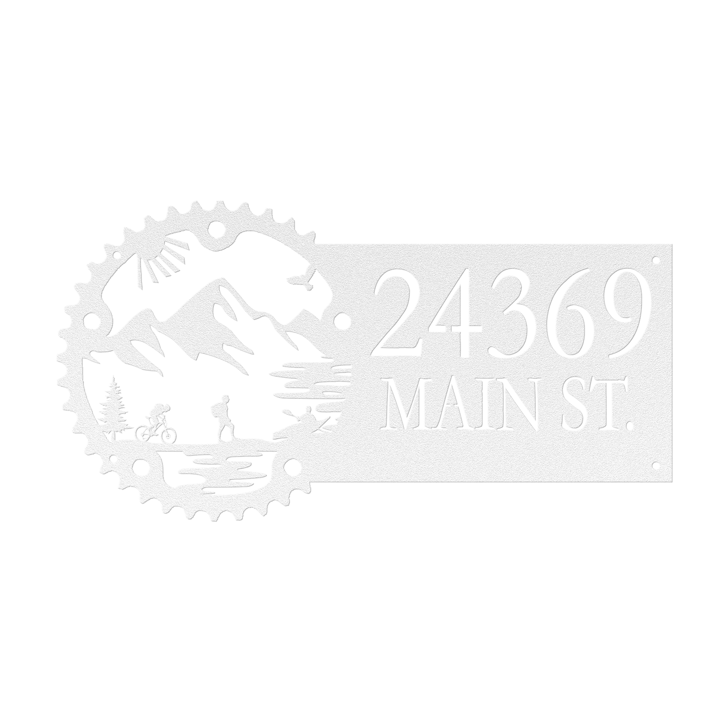 Metal House Number Address Sign| Adventure Racing Themed Chainring| Male Hiker White