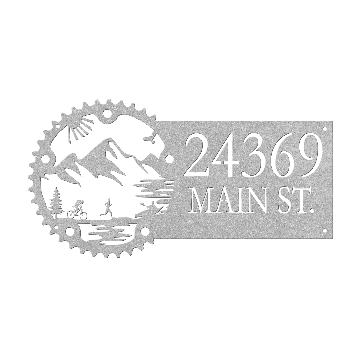 Metal House Number Address Sign| Adventure Racing Themed Chainring| Male Runner Silver