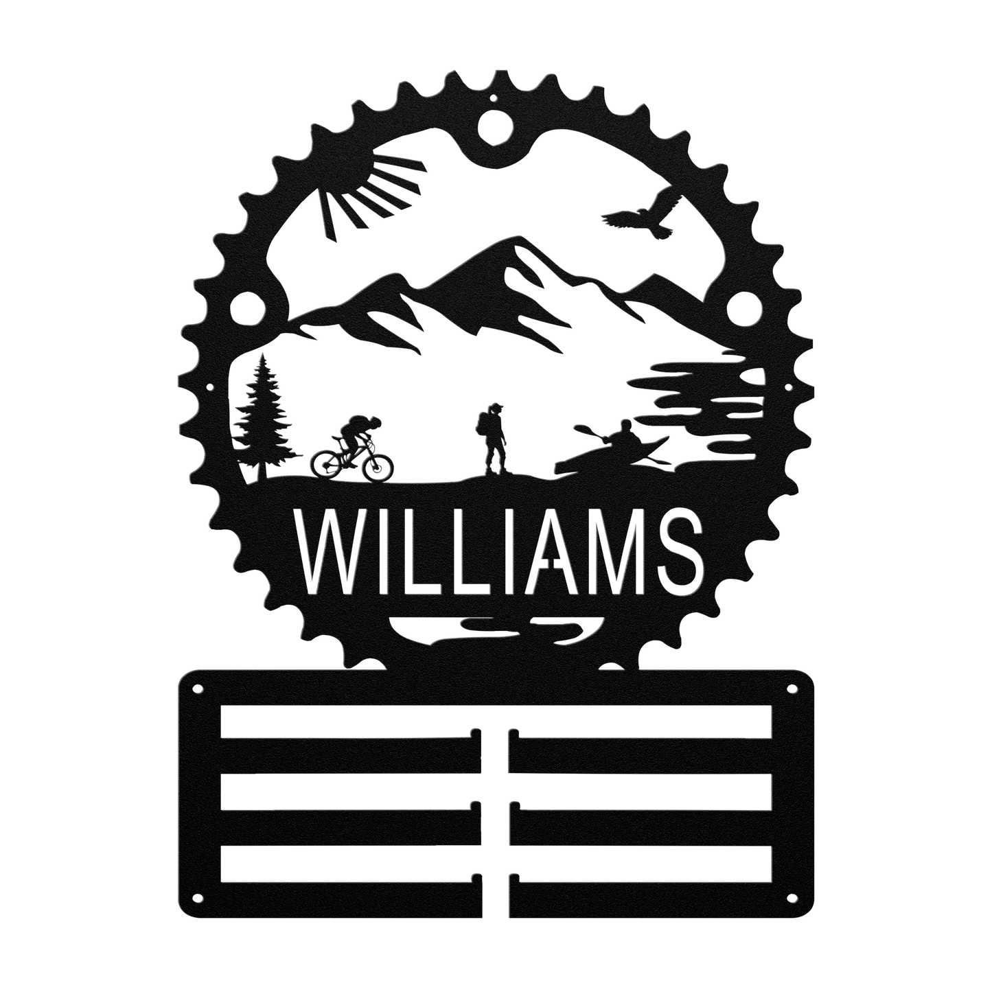 Personalized Adventure Racing Chainring Medal Hanger With Female Hiker, Custom Adventure Race Gift, Metal Adventure Wall Art, Home Decor Black