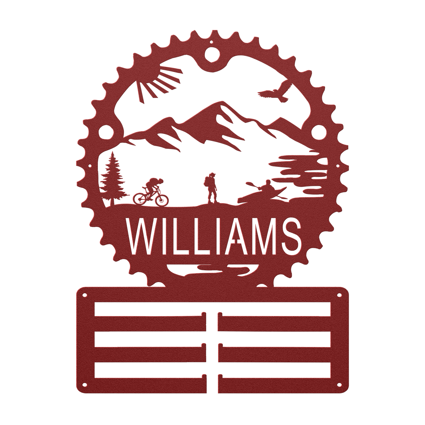Personalized Adventure Racing Chainring Medal Hanger With Female Hiker, Custom Adventure Race Gift, Metal Adventure Wall Art, Home Decor Red
