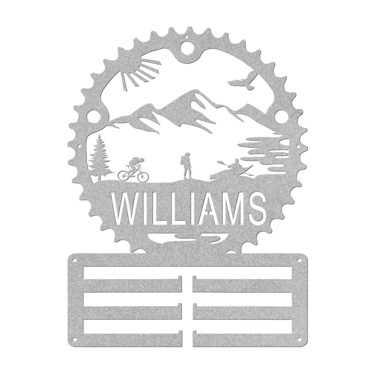 Personalized Adventure Racing Chainring Medal Hanger With Female Hiker, Custom Adventure Race Gift, Metal Adventure Wall Art, Home Decor Silver