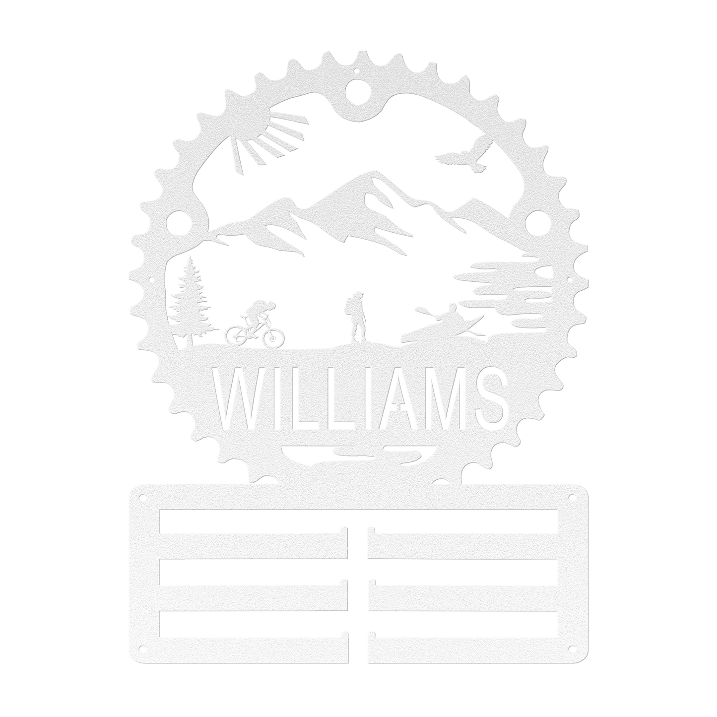 Personalized Adventure Racing Chainring Medal Hanger With Female Hiker, Custom Adventure Race Gift, Metal Adventure Wall Art, Home Decor White