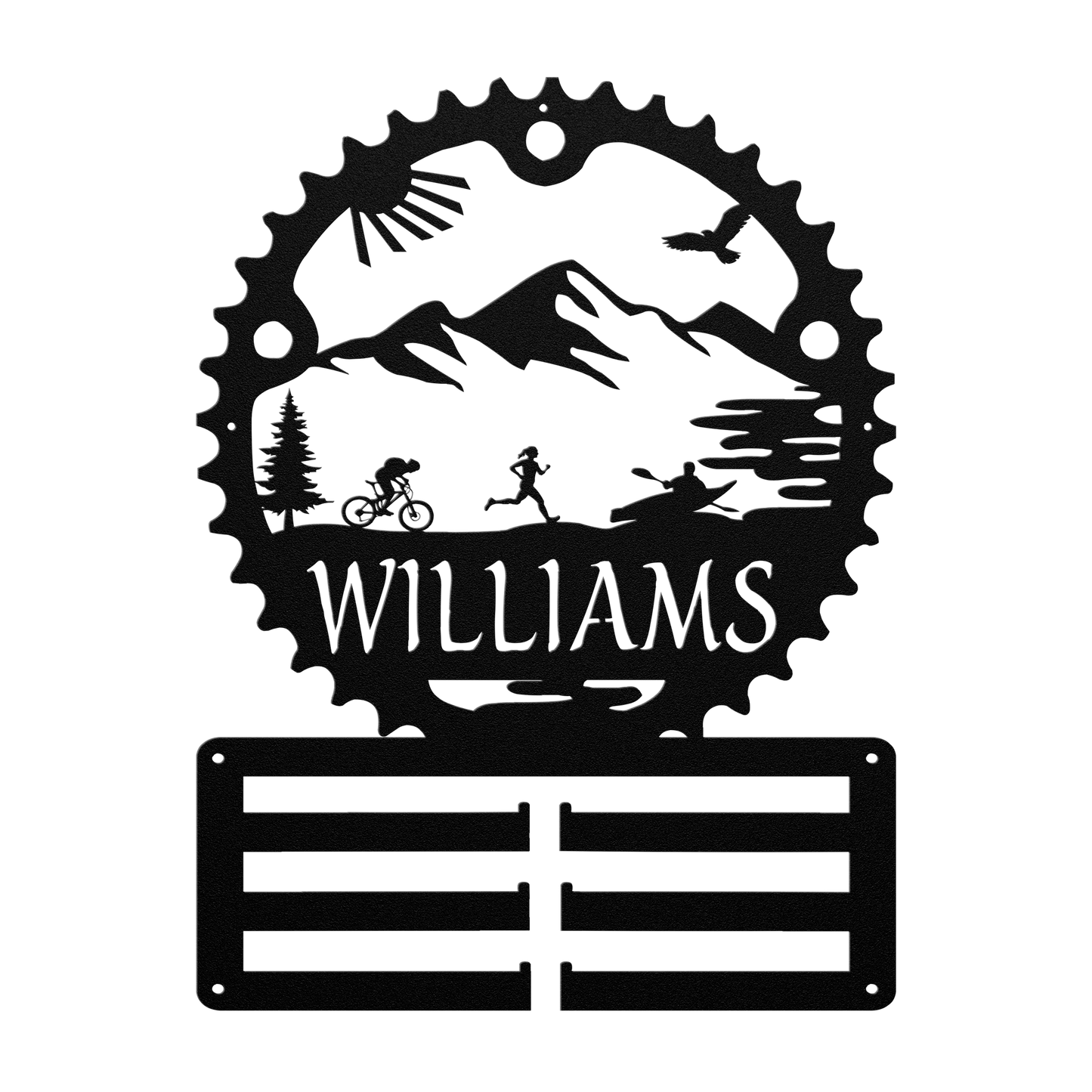 Personalized Adventure Racing Chainring Medal Hanger With Female Runner, Custom Adventure Race Gift, Metal Adventure Wall Art, Home Decor Black