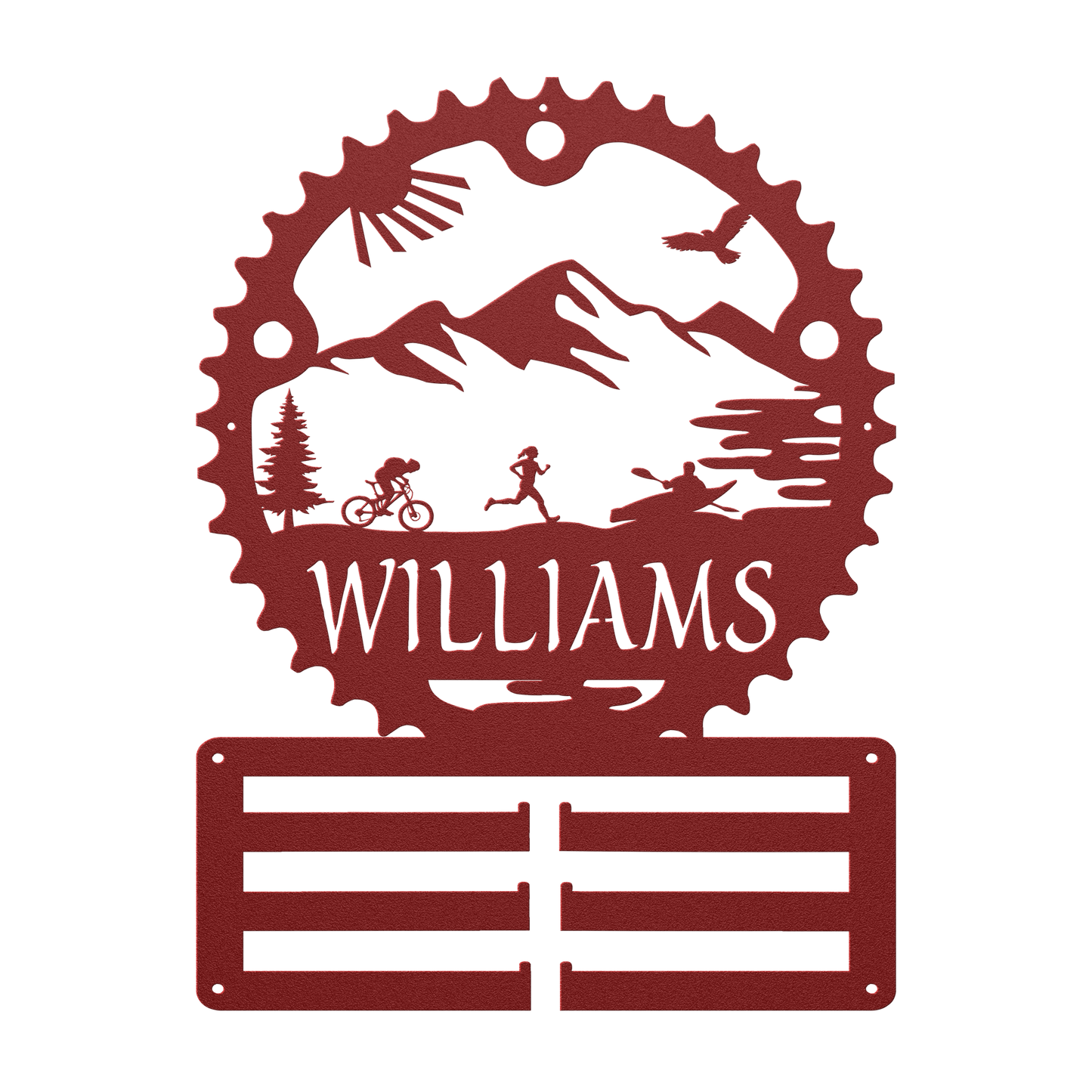 Personalized Adventure Racing Chainring Medal Hanger With Female Runner, Custom Adventure Race Gift, Metal Adventure Wall Art, Home Decor Red
