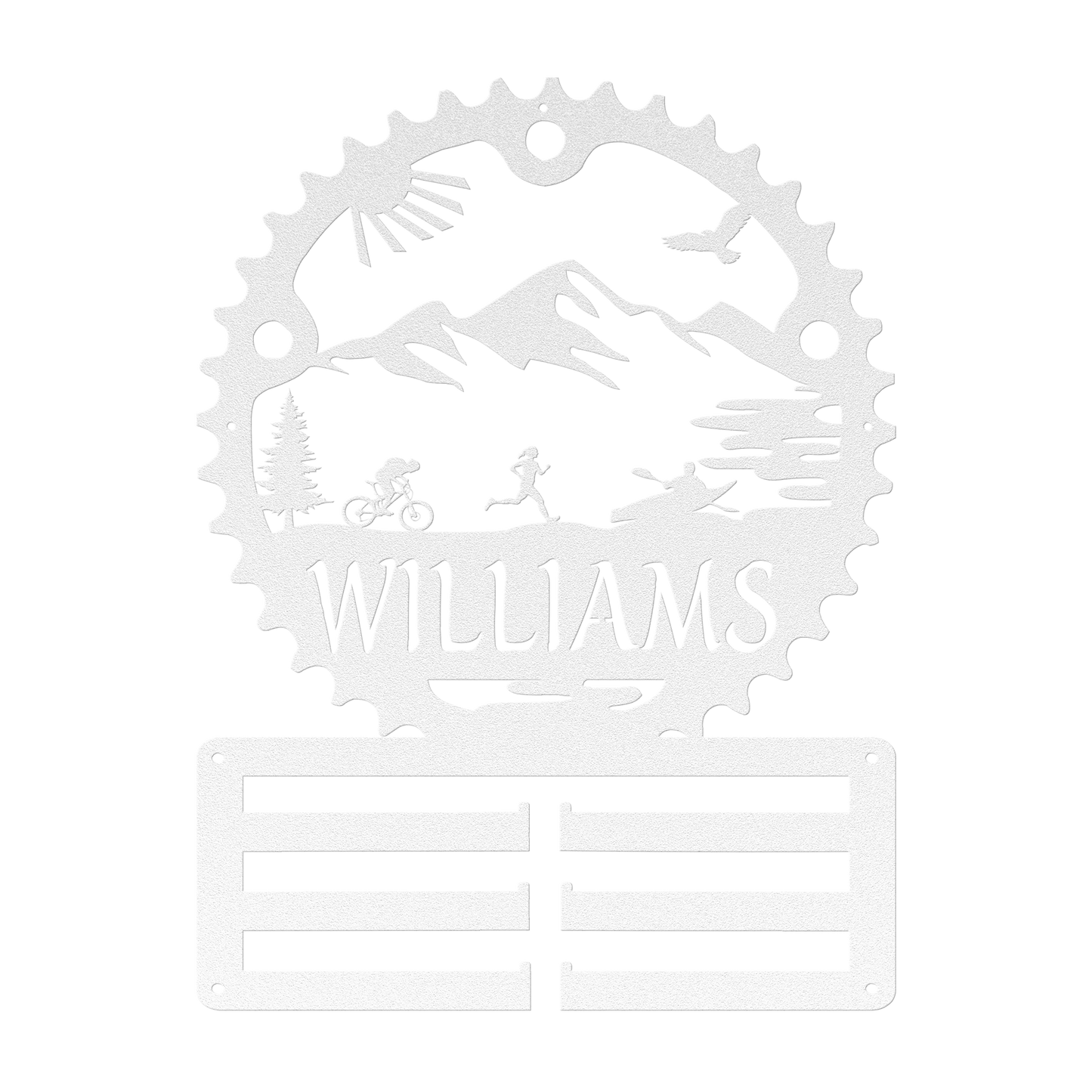 Personalized Adventure Racing Chainring Medal Hanger With Female Runner, Custom Adventure Race Gift, Metal Adventure Wall Art, Home Decor White