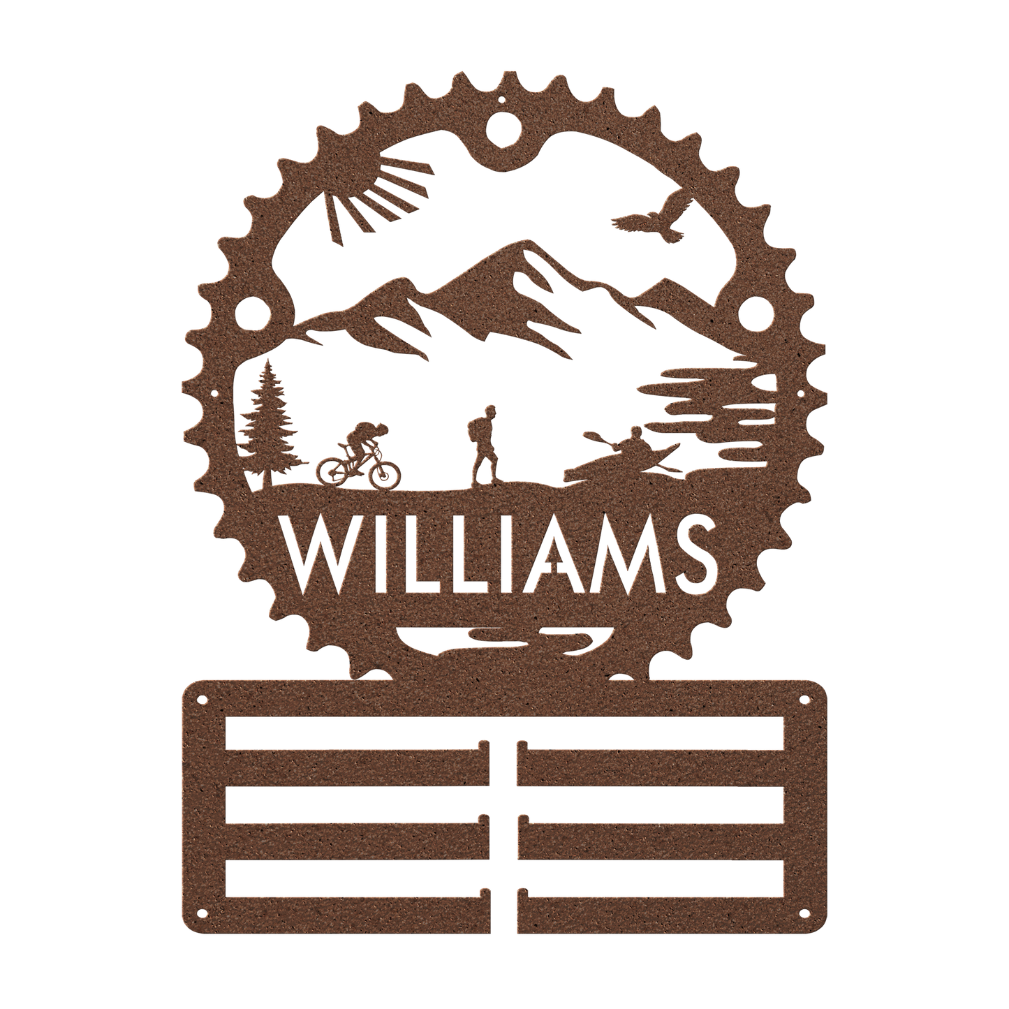 Personalized Adventure Racing Chainring Medal Hanger With Male Hiker, Custom Adventure Race Gift, Metal Adventure Wall Art, Home Decor Copper