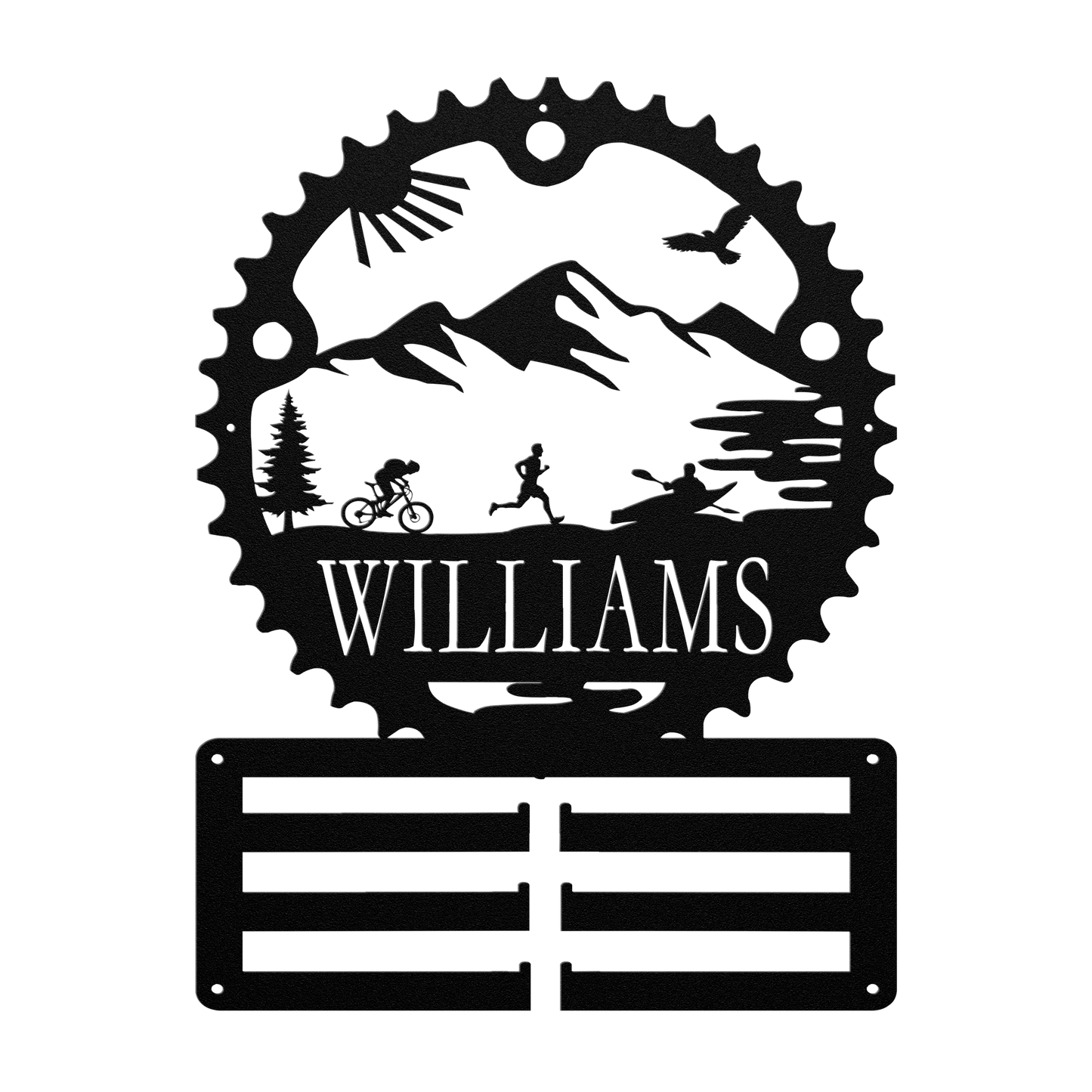 Personalized Adventure Racing Chainring Medal Hanger With Male Runner, Custom Adventure Race Gift, Metal Adventure Wall Art, Home Decor Black