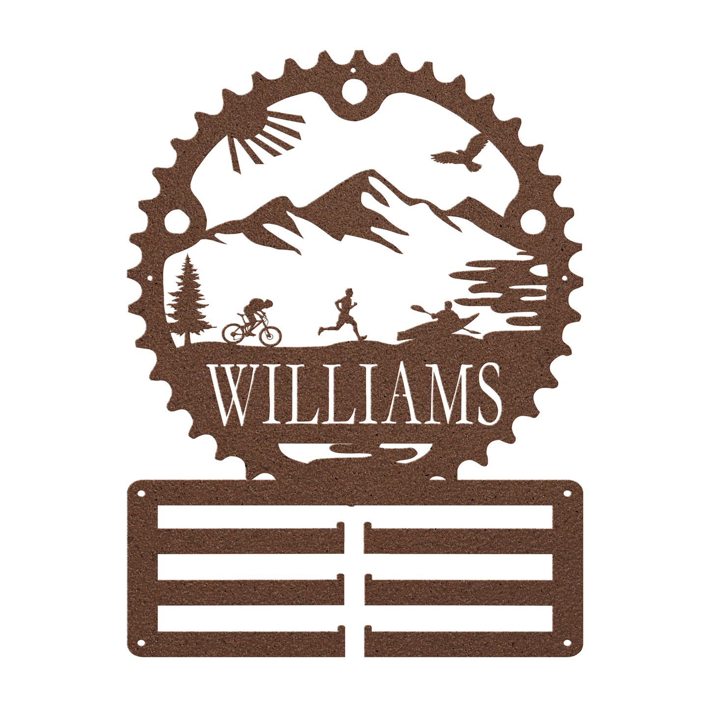 Personalized Adventure Racing Chainring Medal Hanger With Male Runner, Custom Adventure Race Gift, Metal Adventure Wall Art, Home Decor Copper