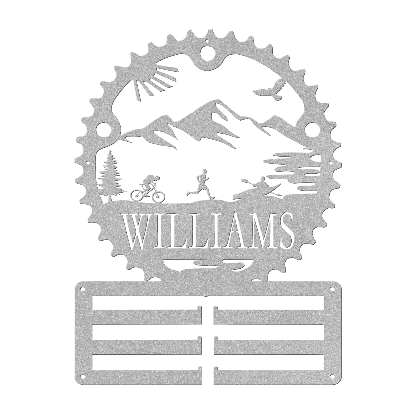 Personalized Adventure Racing Chainring Medal Hanger With Male Runner, Custom Adventure Race Gift, Metal Adventure Wall Art, Home Decor Silver