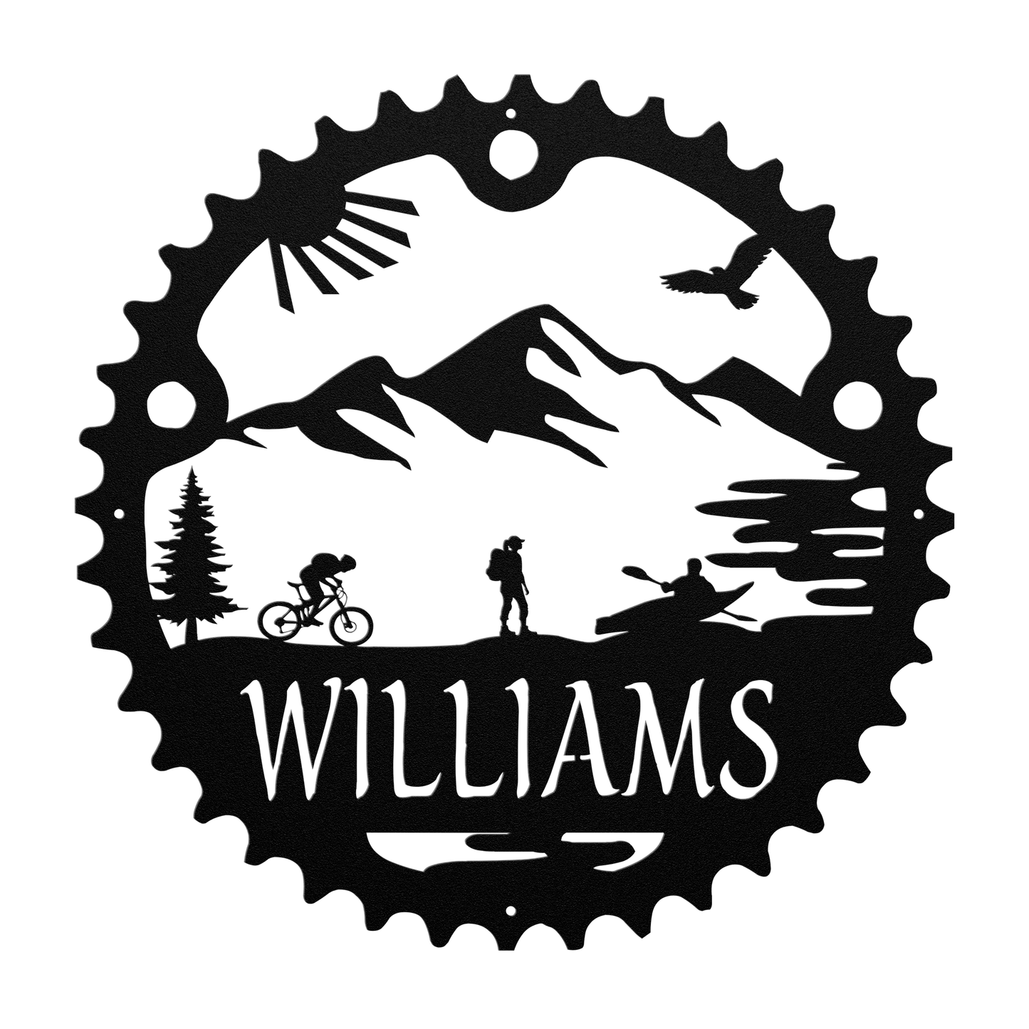 Personalized Adventure Racing Chainring Metal Sign With Female Hiker, Custom Adventure Race Gift, Metal Adventure Wall Art, Home Decor Black