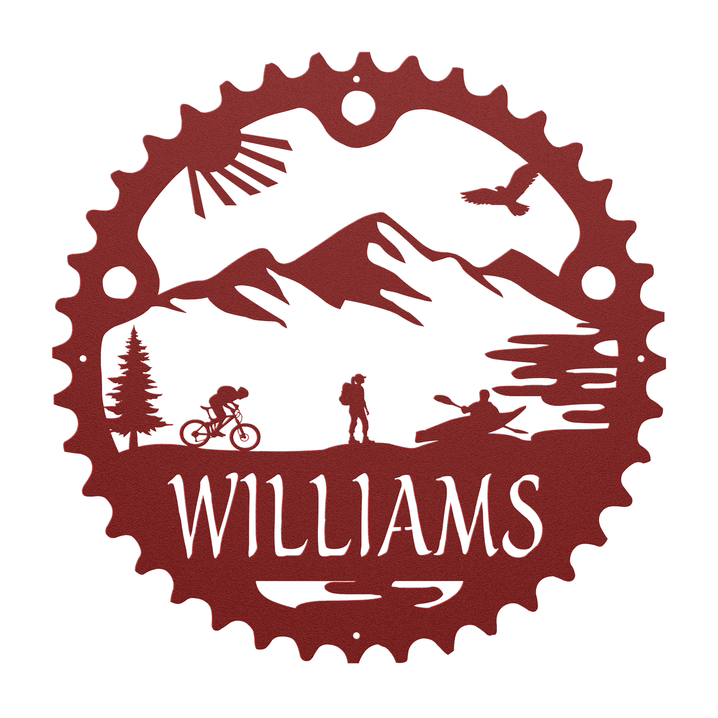 Personalized Adventure Racing Chainring Metal Sign With Female Hiker, Custom Adventure Race Gift, Metal Adventure Wall Art, Home Decor Red