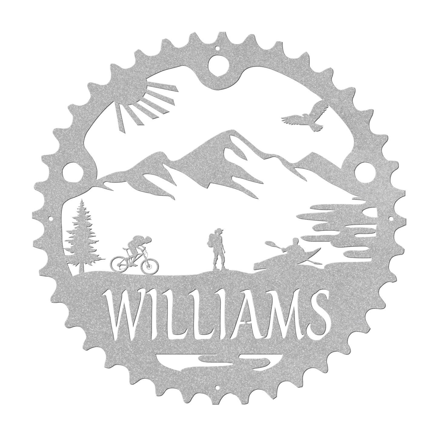 Personalized Adventure Racing Chainring Metal Sign With Female Hiker, Custom Adventure Race Gift, Metal Adventure Wall Art, Home Decor Silver