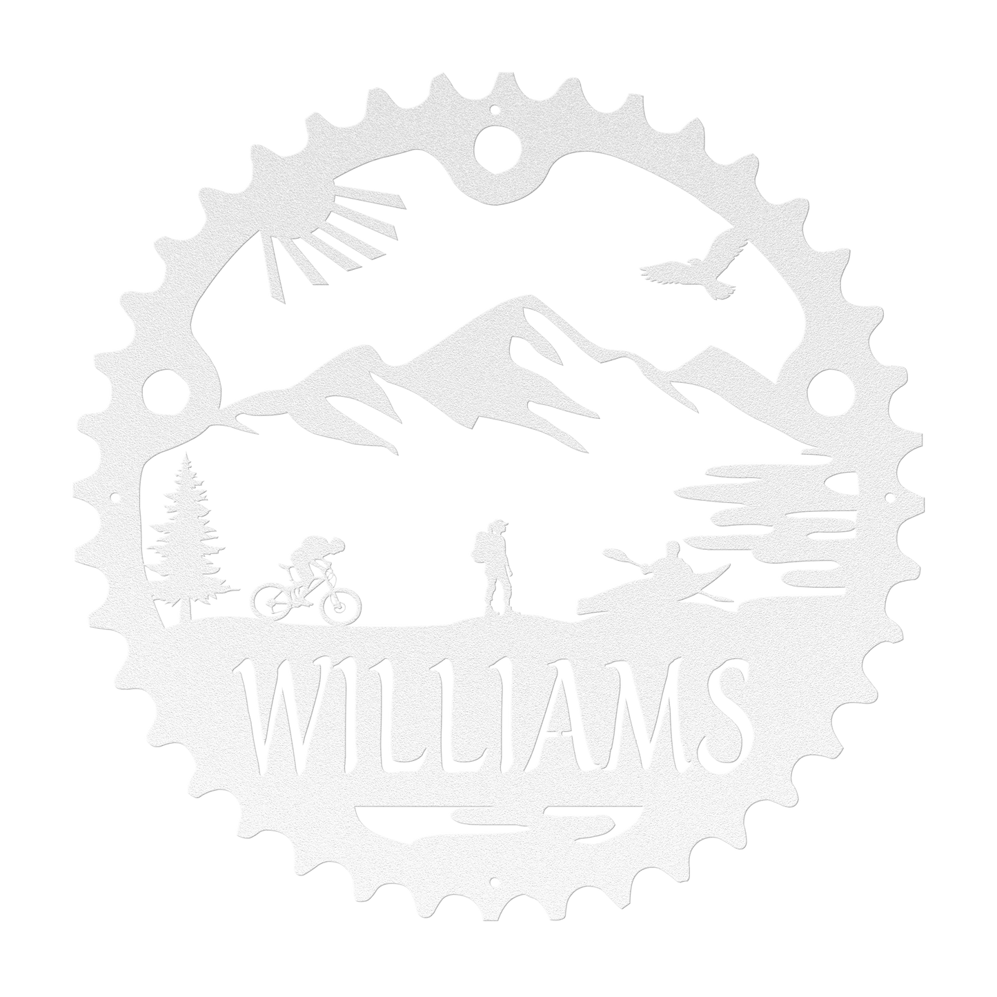 Personalized Adventure Racing Chainring Metal Sign With Female Hiker, Custom Adventure Race Gift, Metal Adventure Wall Art, Home Decor White