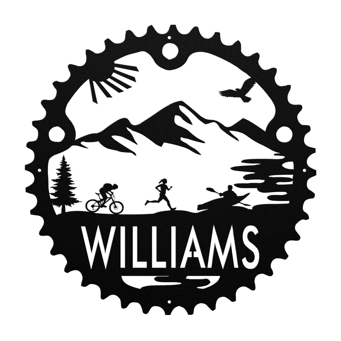 Personalized Adventure Racing Chainring Metal Sign With Female Runner, Custom Adventure Race Gift, Metal Adventure Wall Art, Home Decor Black