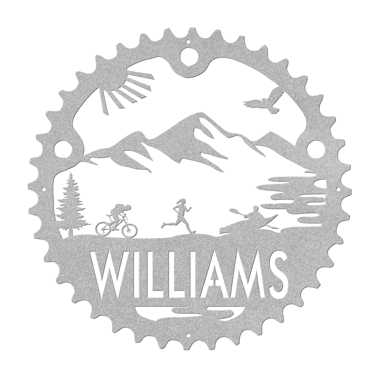 Personalized Adventure Racing Chainring Metal Sign With Female Runner, Custom Adventure Race Gift, Metal Adventure Wall Art, Home Decor Silver
