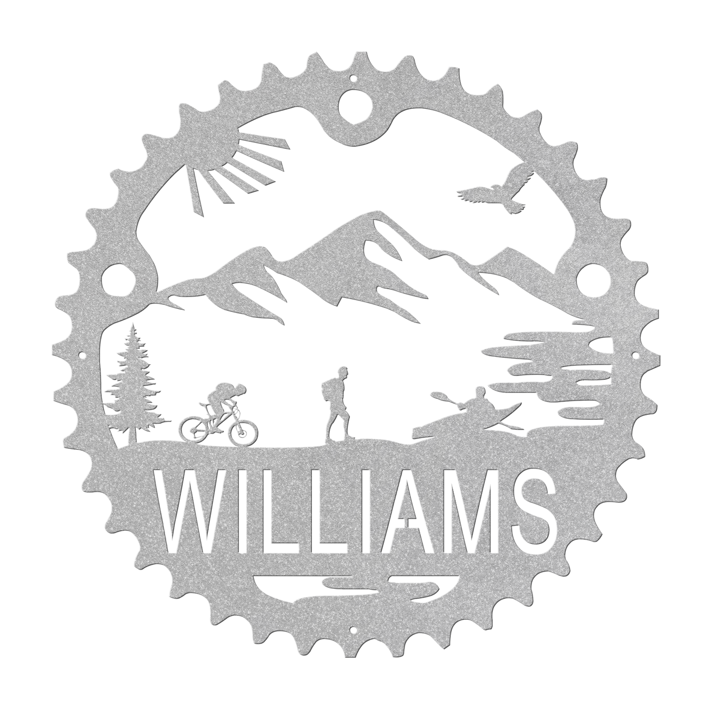Personalized Adventure Racing Chainring Metal Sign With Male Hiker, Custom Adventure Race Gift, Metal Adventure Wall Art, Home Decor Silver