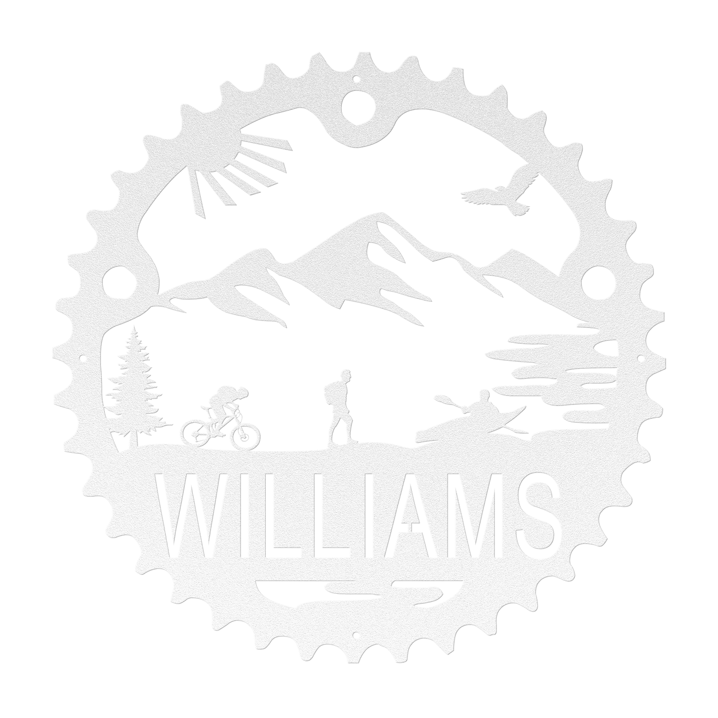 Personalized Adventure Racing Chainring Metal Sign With Male Hiker, Custom Adventure Race Gift, Metal Adventure Wall Art, Home Decor White